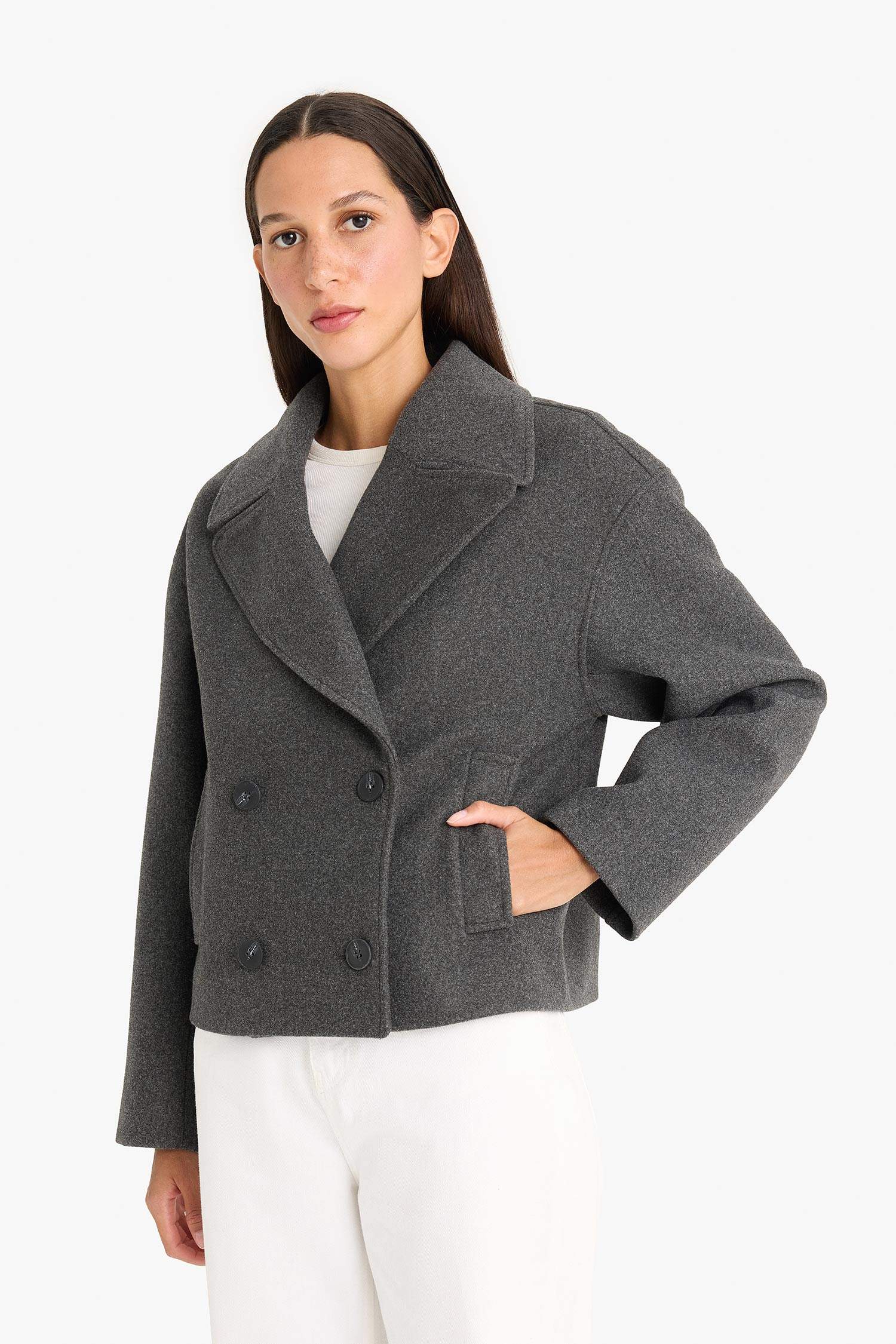 Regular Fit Düğmeli Crop Kaşe Kaban