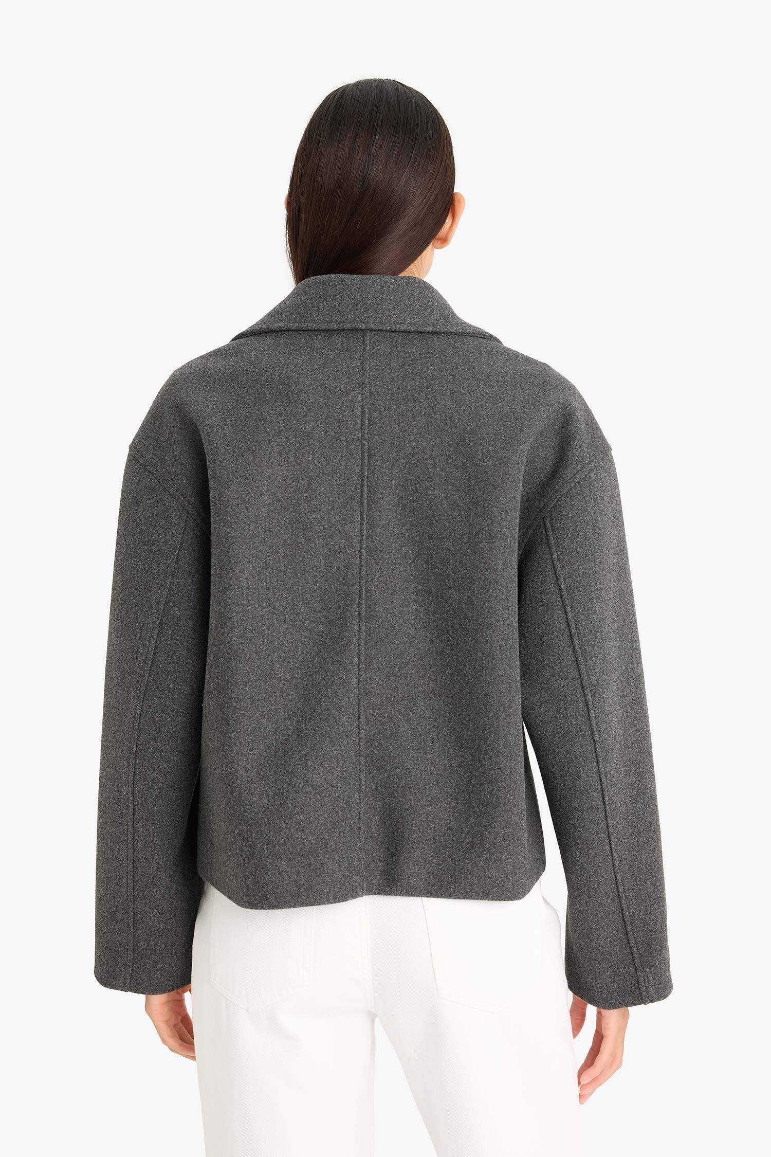 Regular Fit Düğmeli Crop Kaşe Kaban