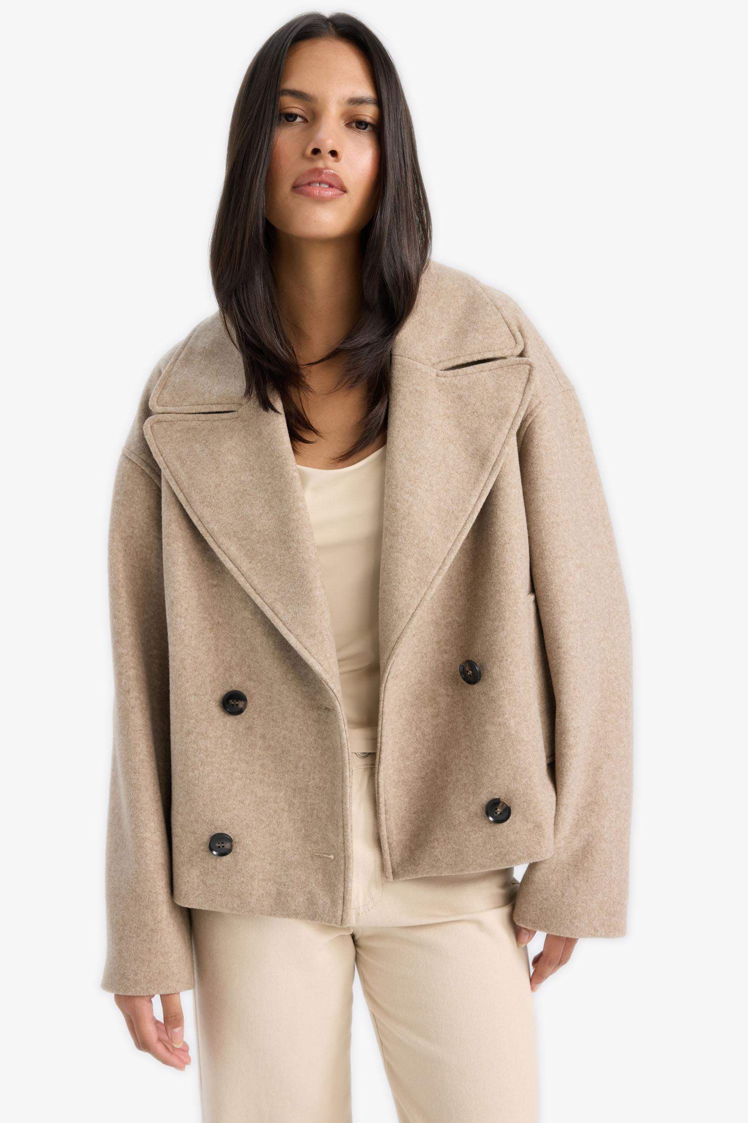 Regular Fit Düğmeli Kaşe Kaban