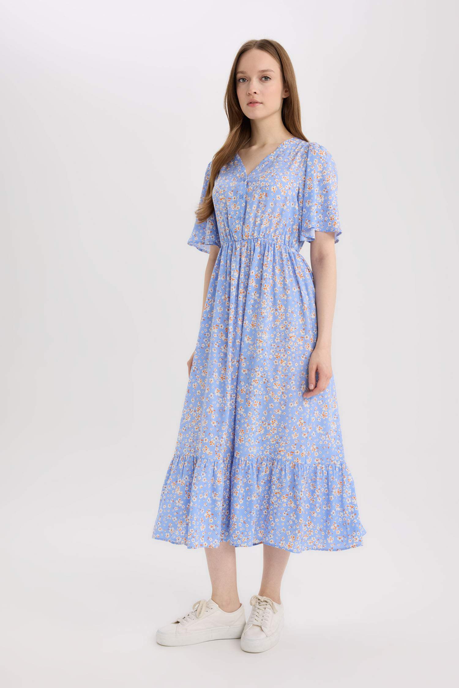 Regular Fit V-Neck Short Sleeve Midi Dress