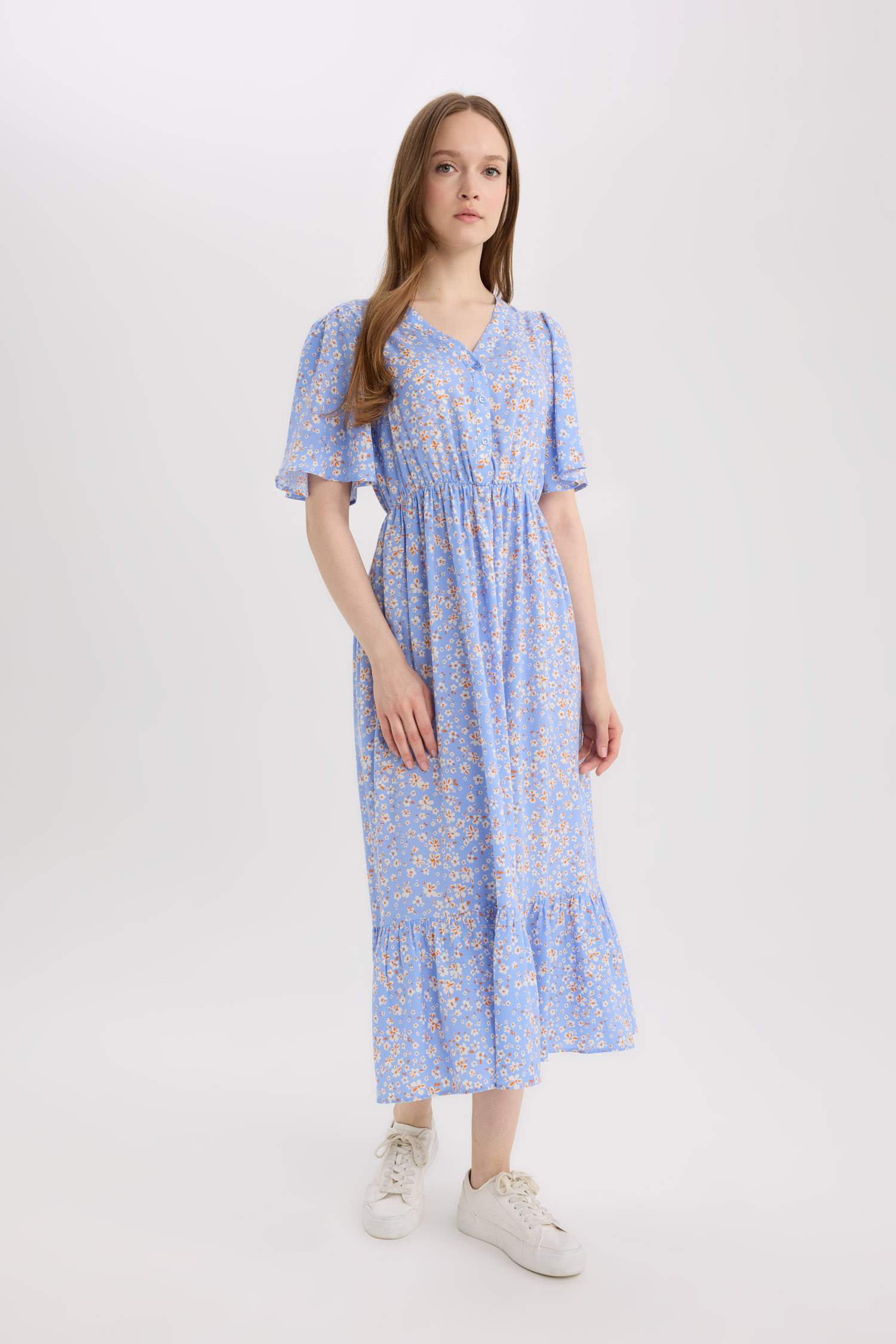 Regular Fit V-Neck Short Sleeve Midi Dress