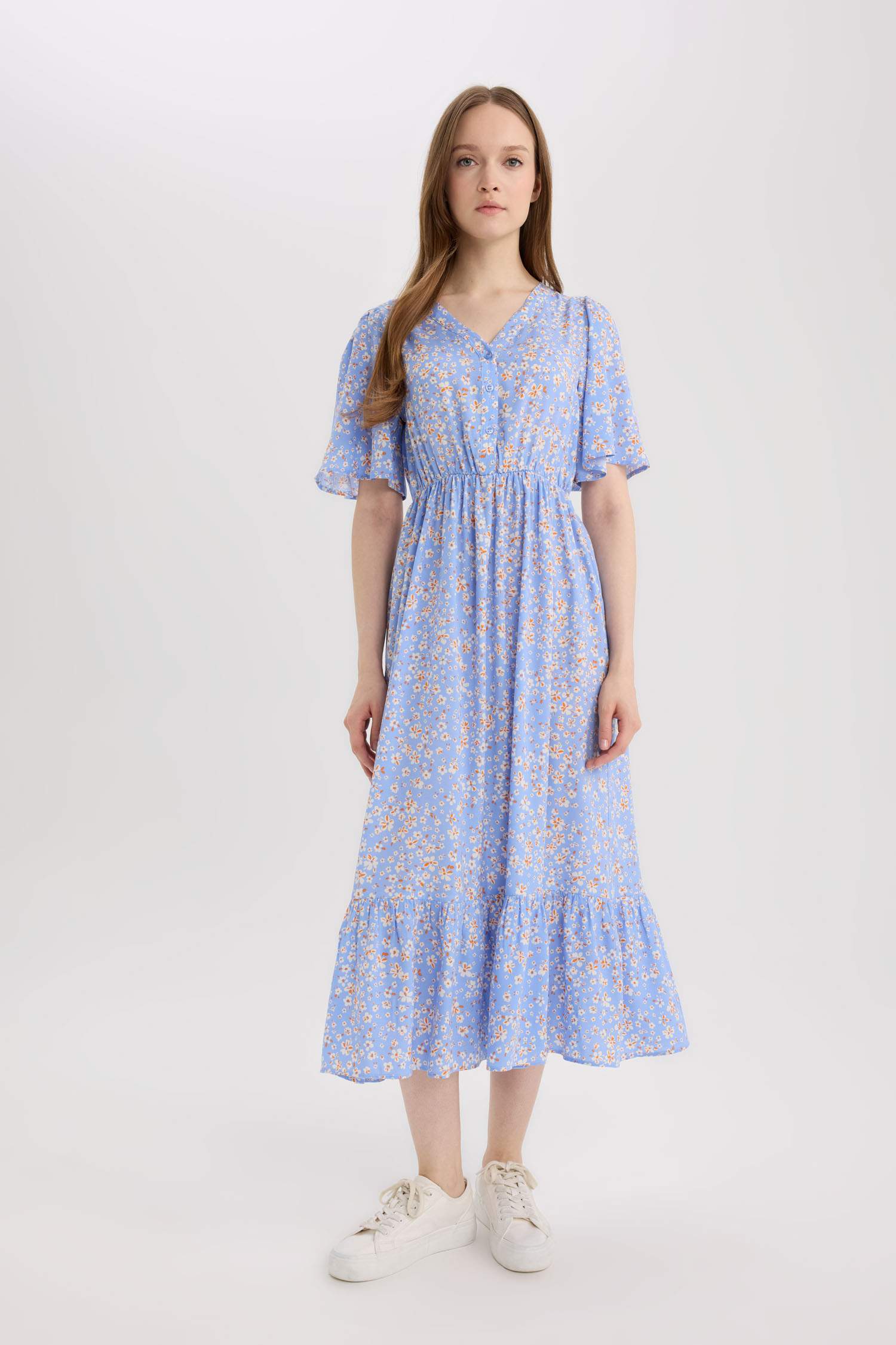 Regular Fit V-Neck Short Sleeve Midi Dress