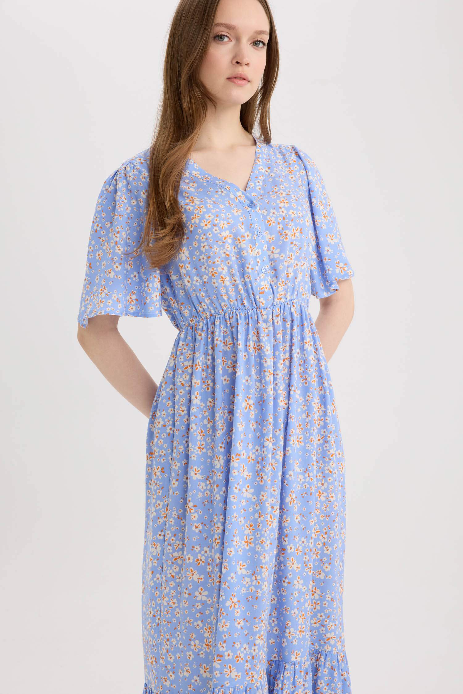 Regular Fit V-Neck Short Sleeve Midi Dress