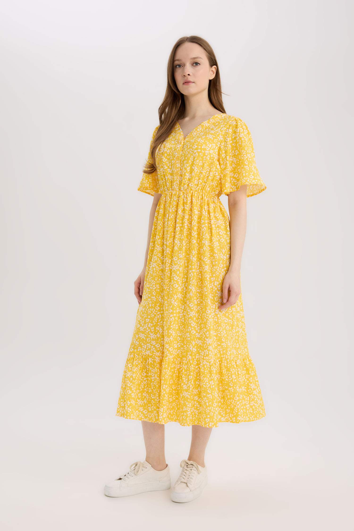 Regular Fit V Neck Patterned Midi Dress