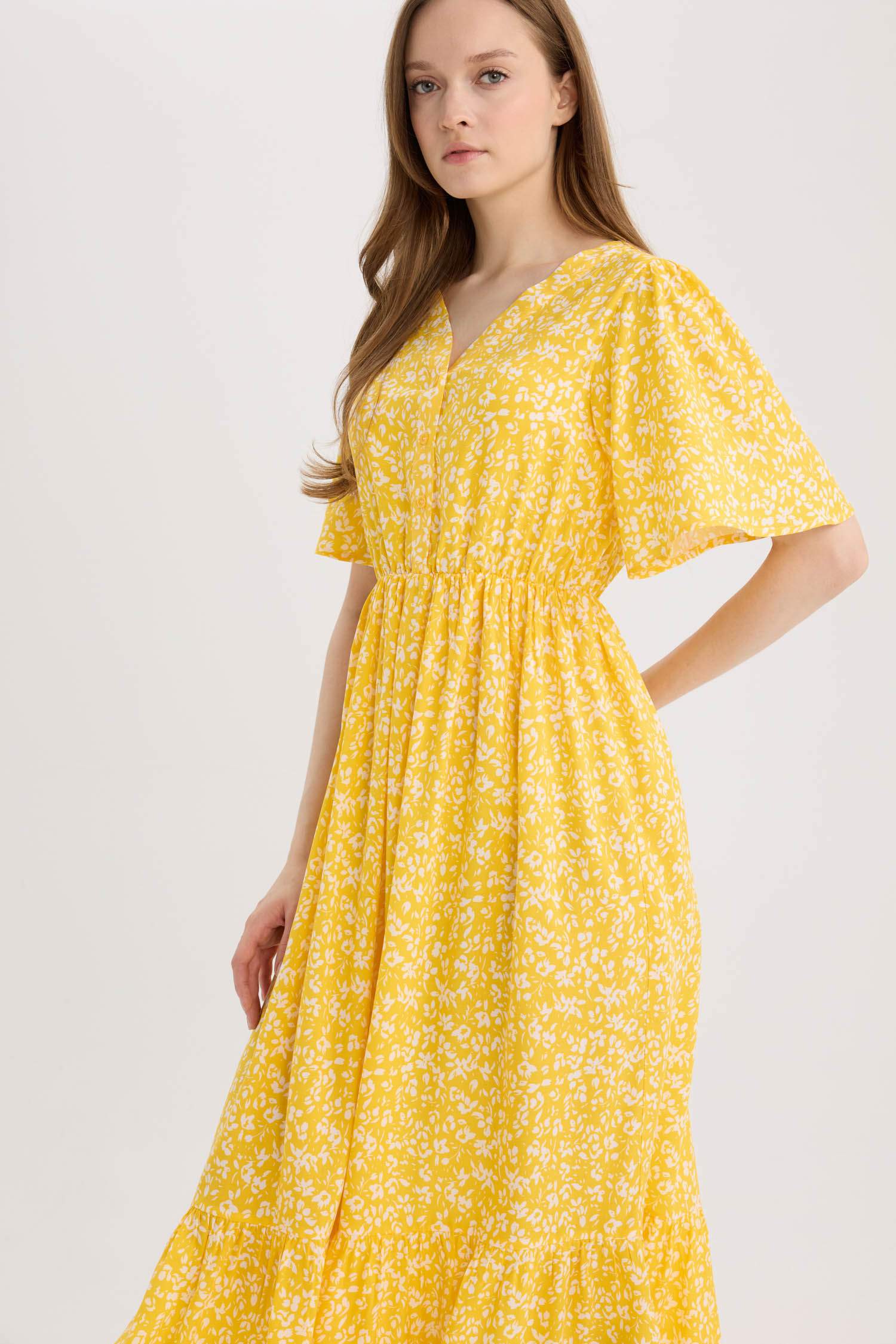 Regular Fit V Neck Patterned Midi Dress