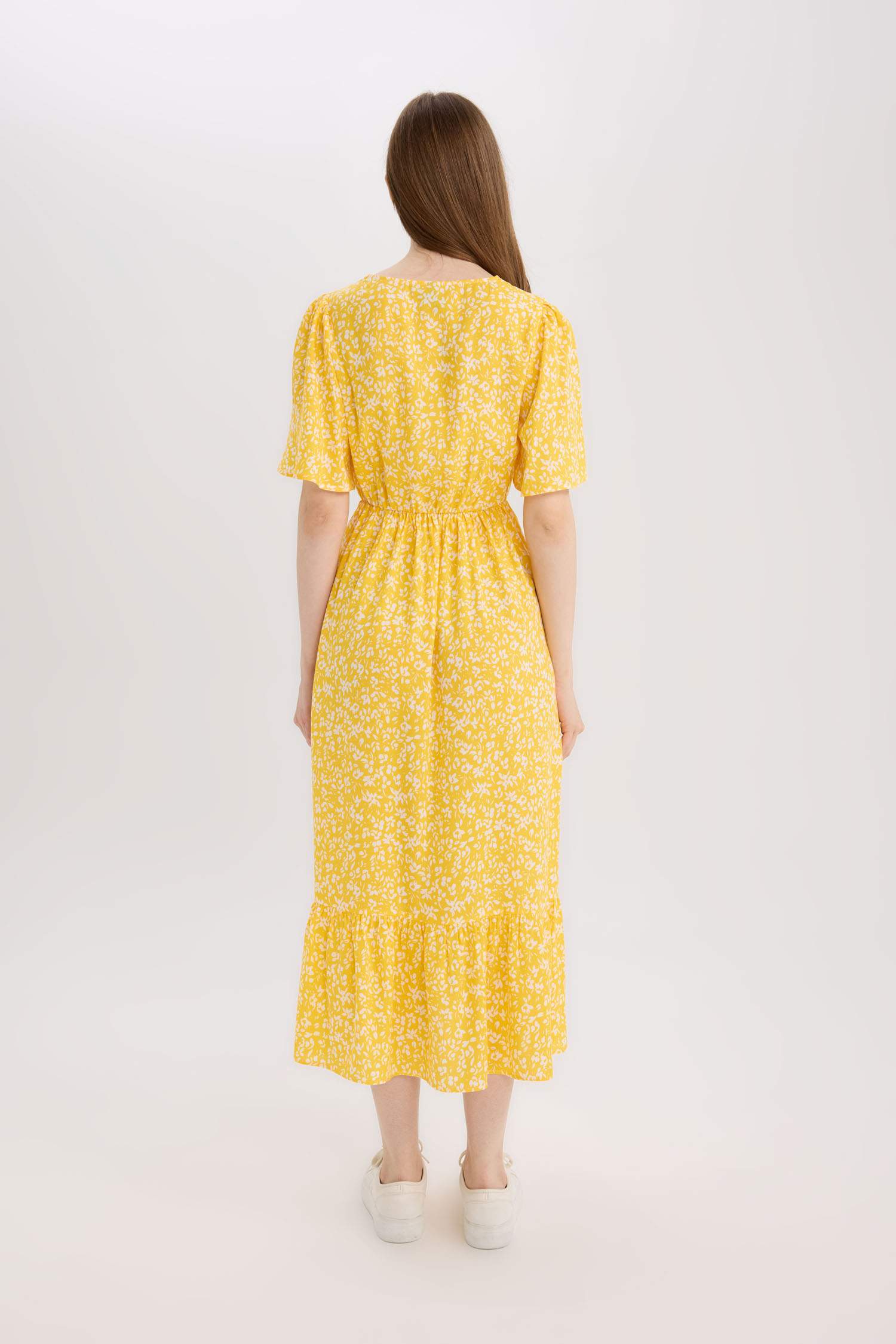 Regular Fit V Neck Patterned Midi Dress