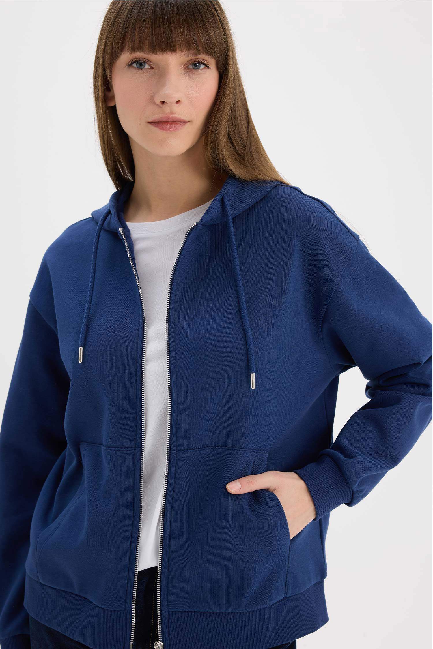 Relax Fit Kapüşonlu Basic Düz Kalın Fermuarlı Sweatshirt