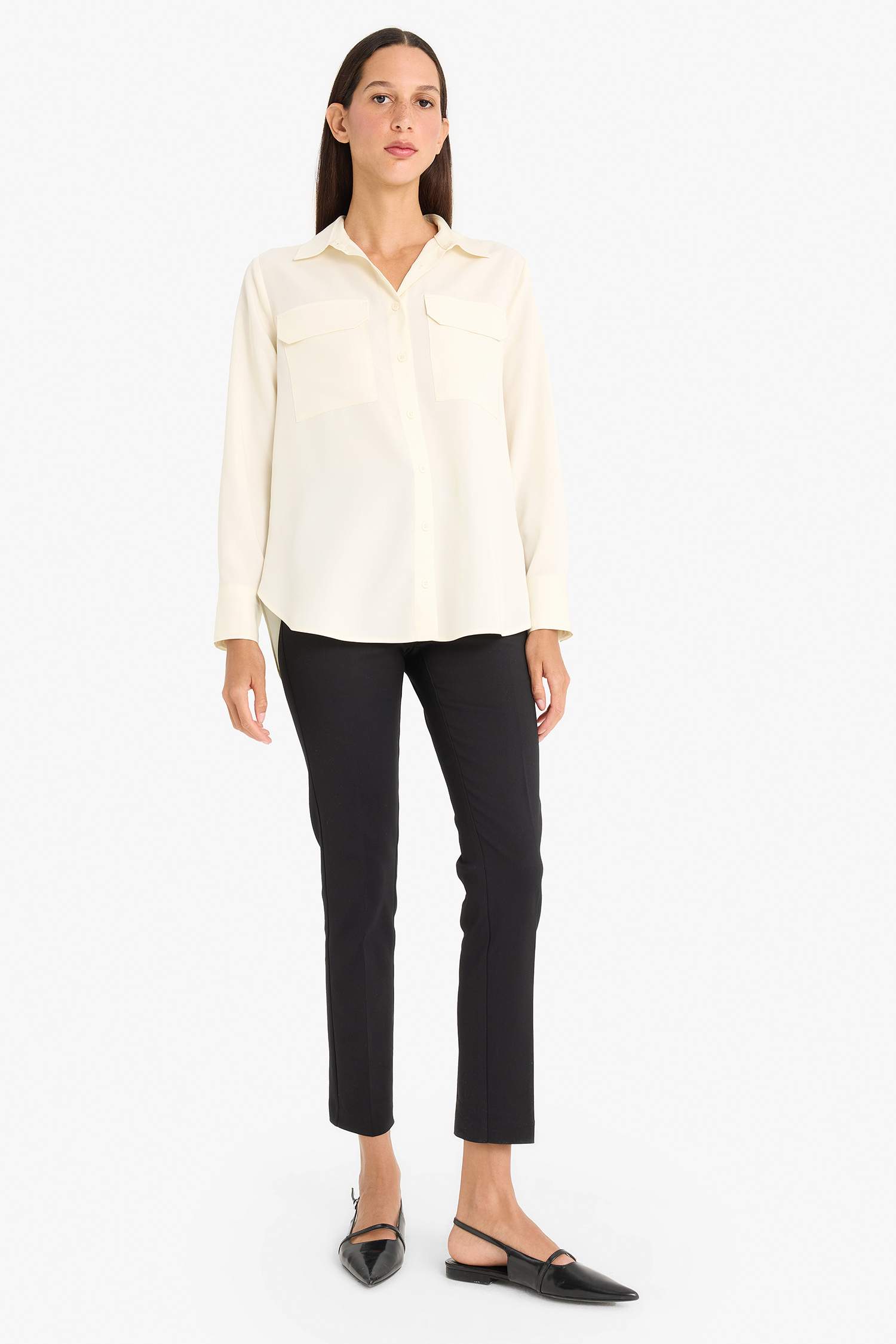 قميص كم طويل قماش ايوسل قصة عادية بياقة قميص