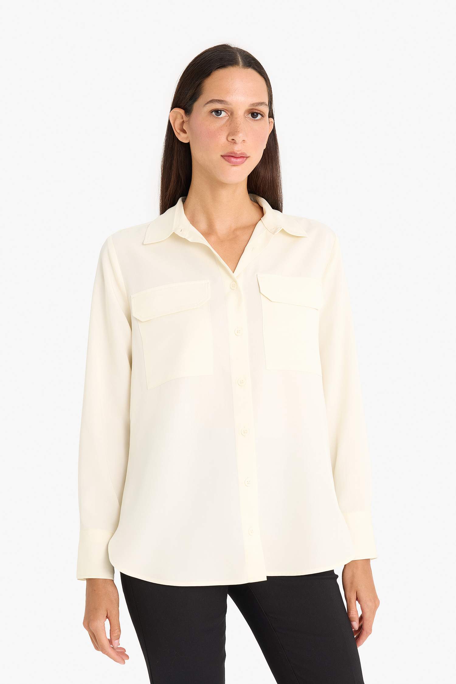 قميص كم طويل قماش ايوسل قصة عادية بياقة قميص