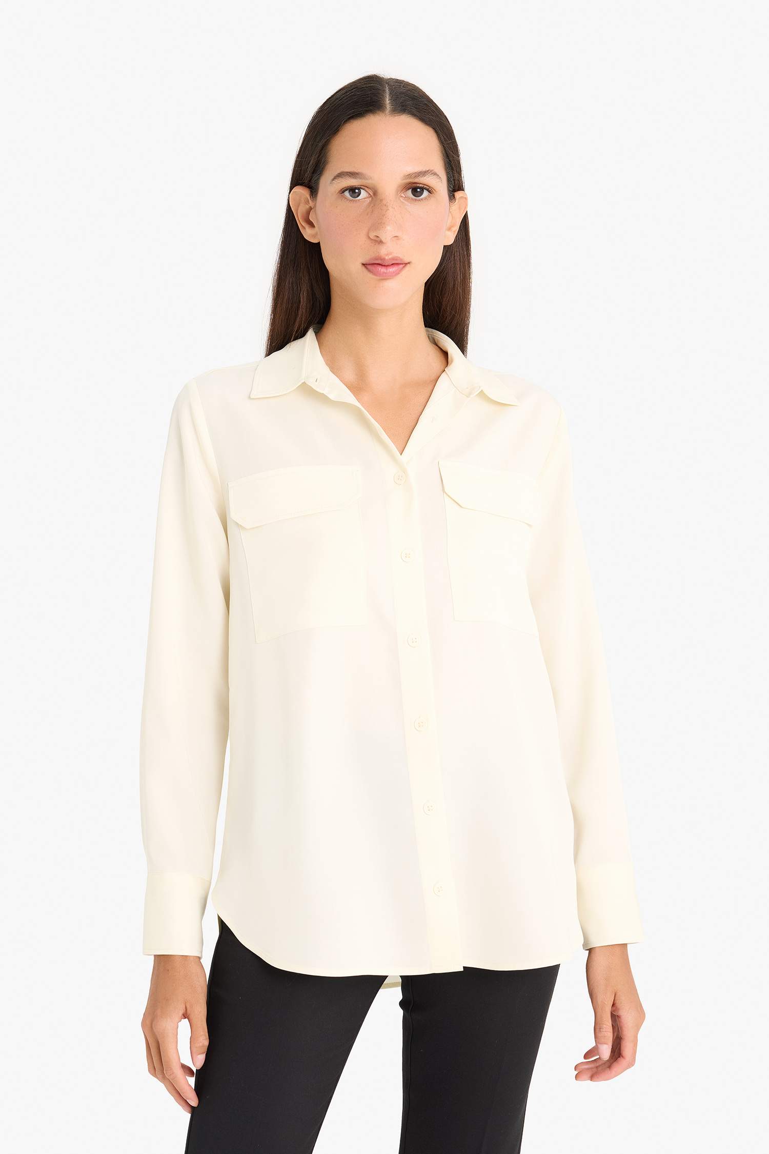 قميص كم طويل قماش ايوسل قصة عادية بياقة قميص