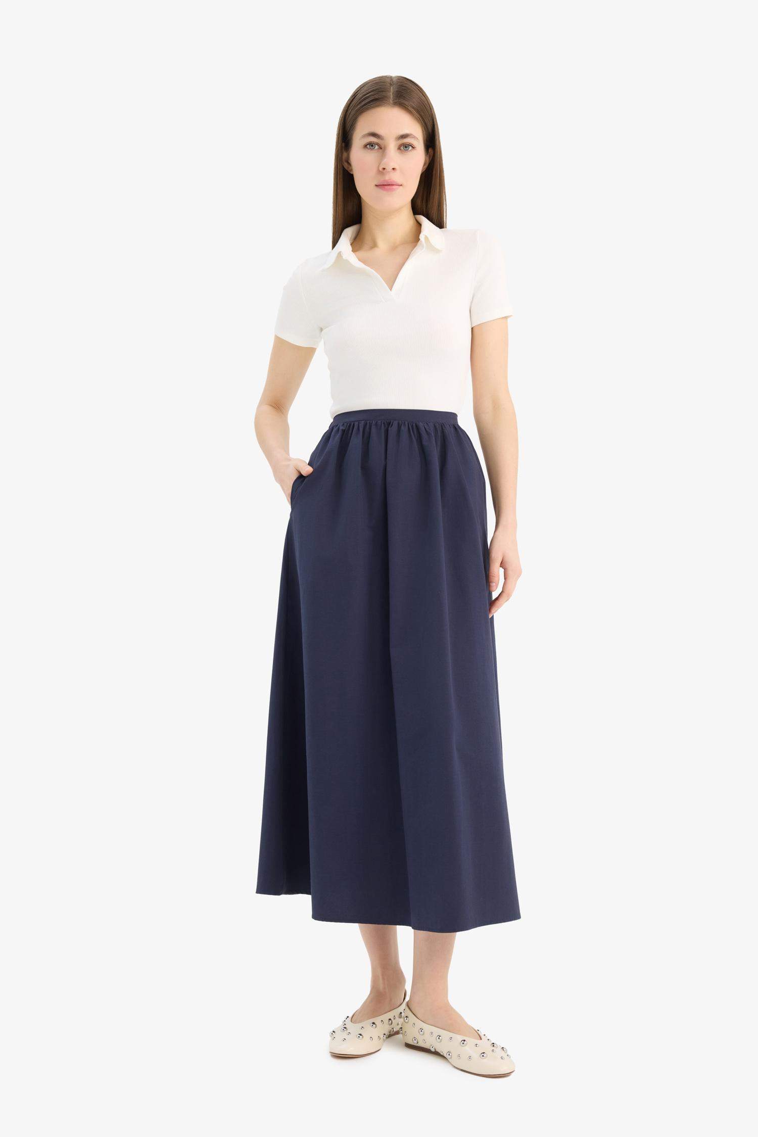 A Kesim Normal Bel Yarım Astar Poplin Midi Etek