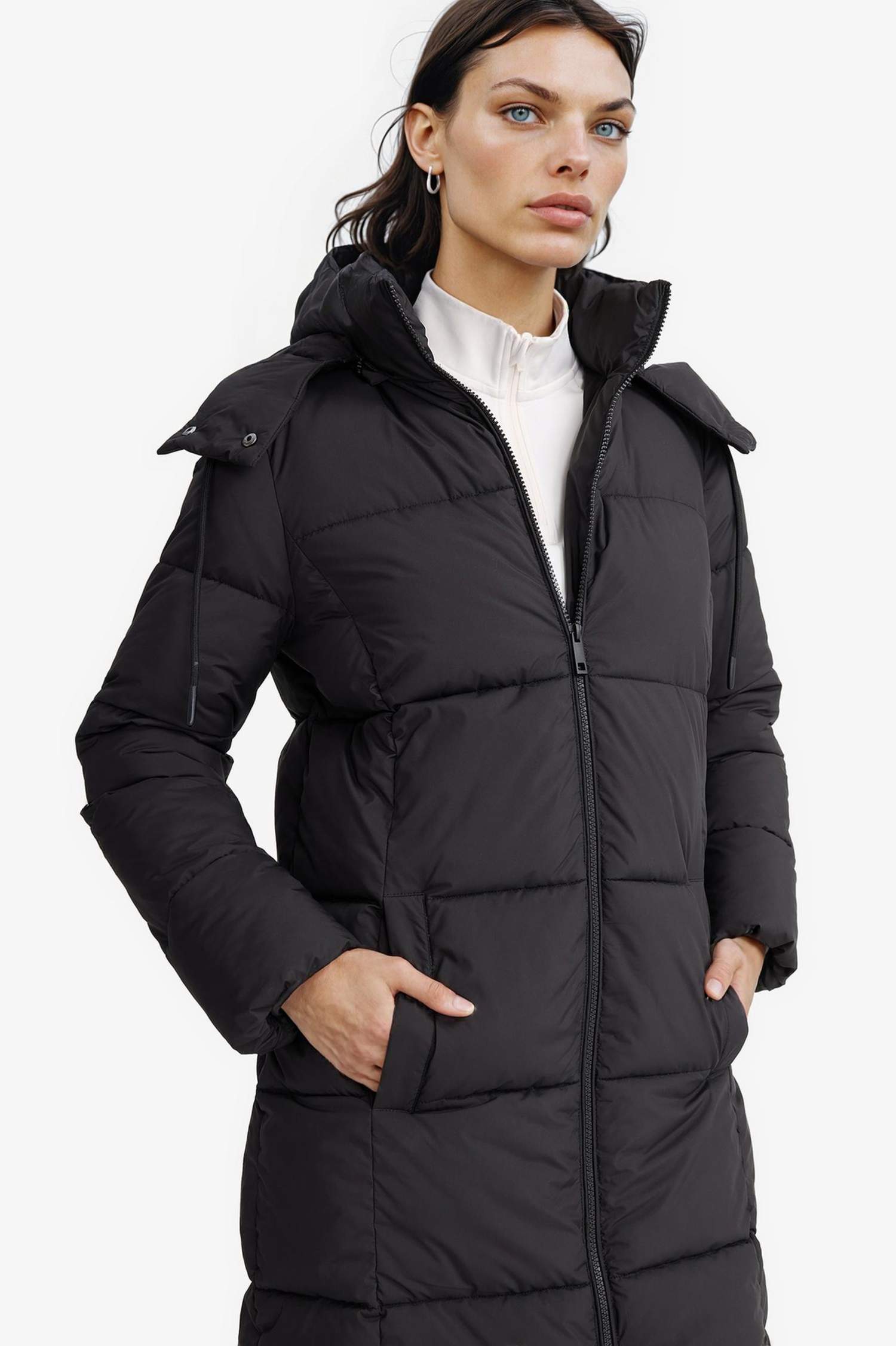 جاكيت طويل قصة عادية بغطاء للرأس مقاوم للماء