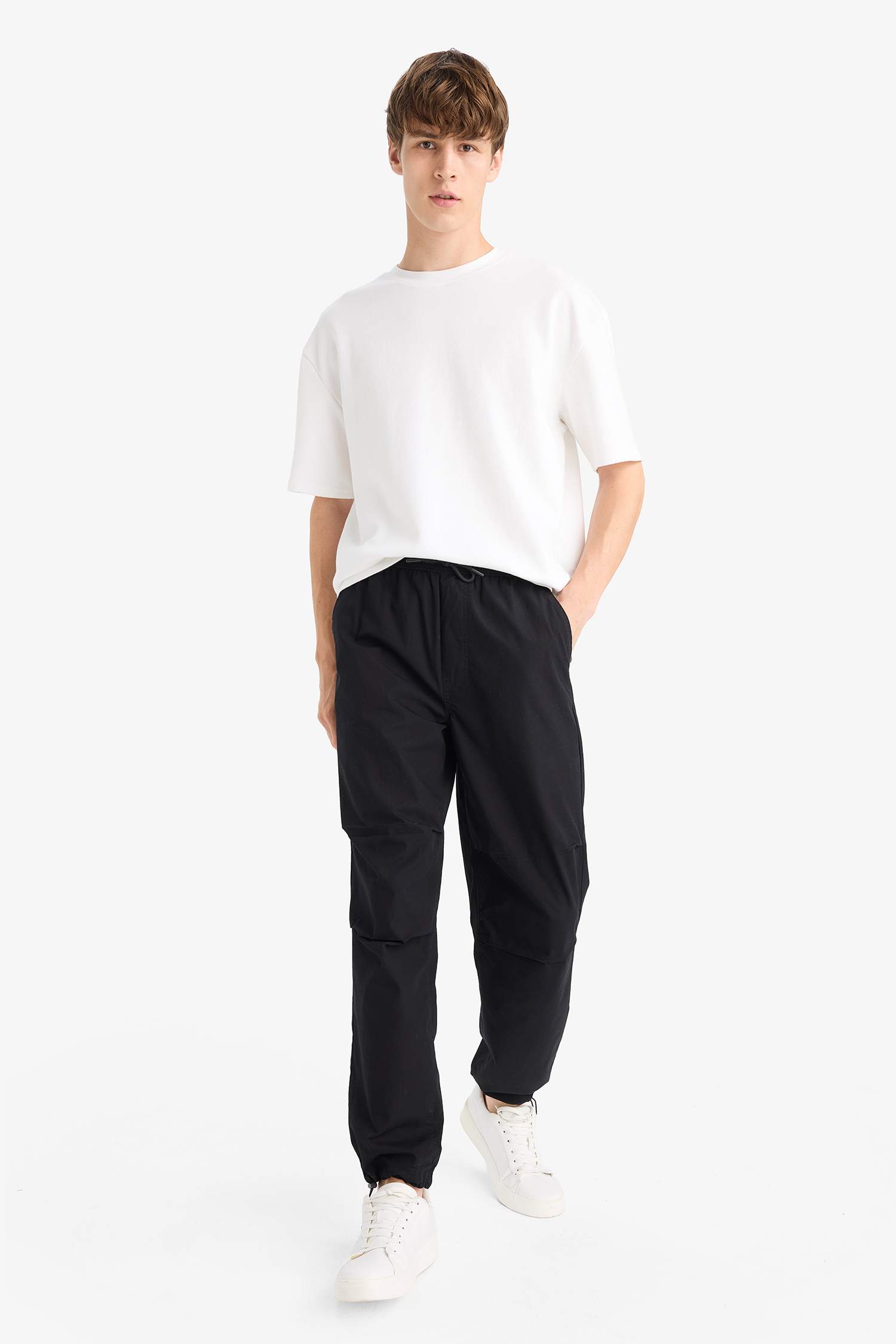 %100 Pamuk Wide Leg Beli Bağcıklı Lastikli Paraşüt Jogger Pantolon