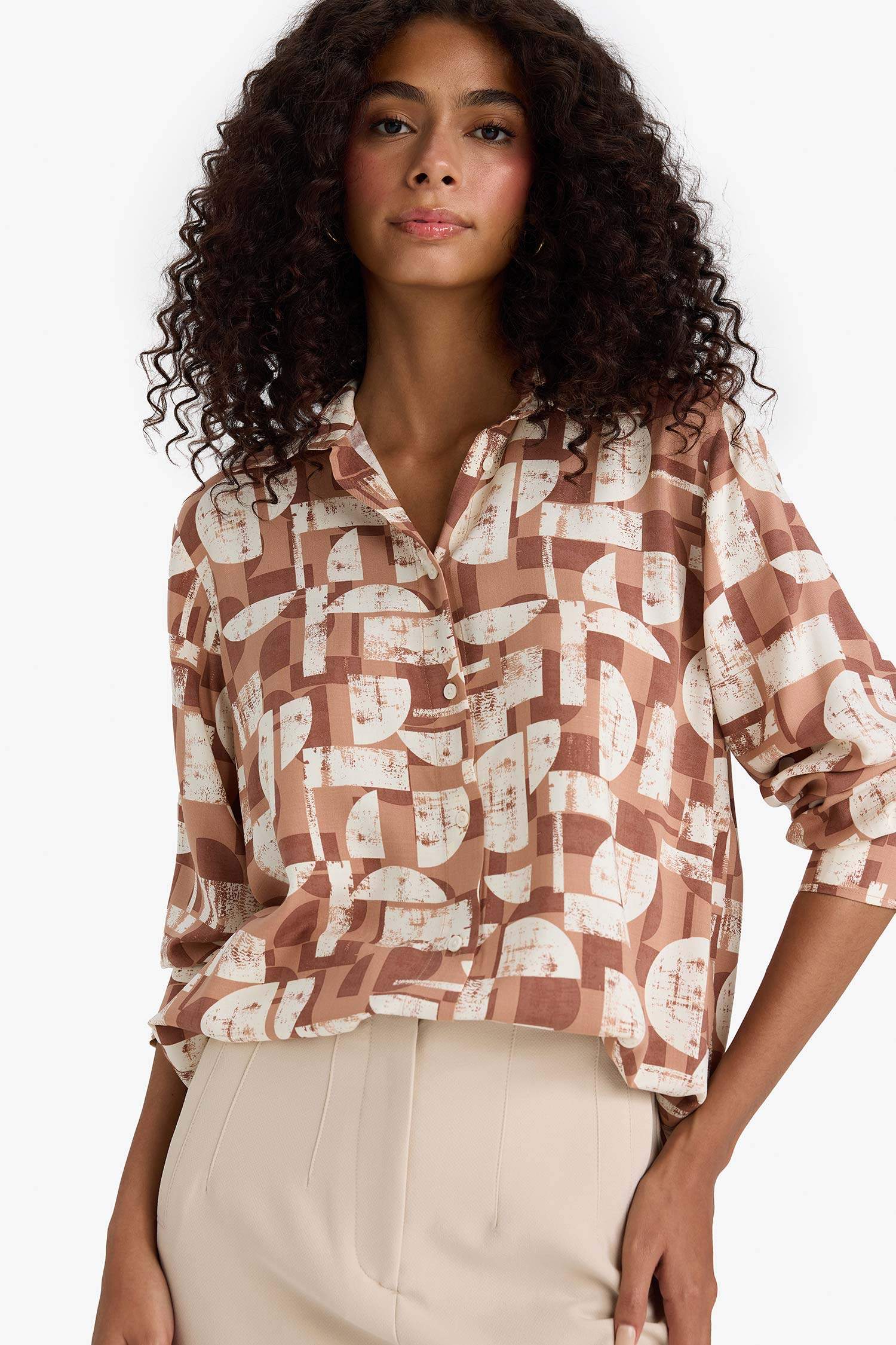 Oversize Fit Shirt Collar Printed Long Sleeve Tunic