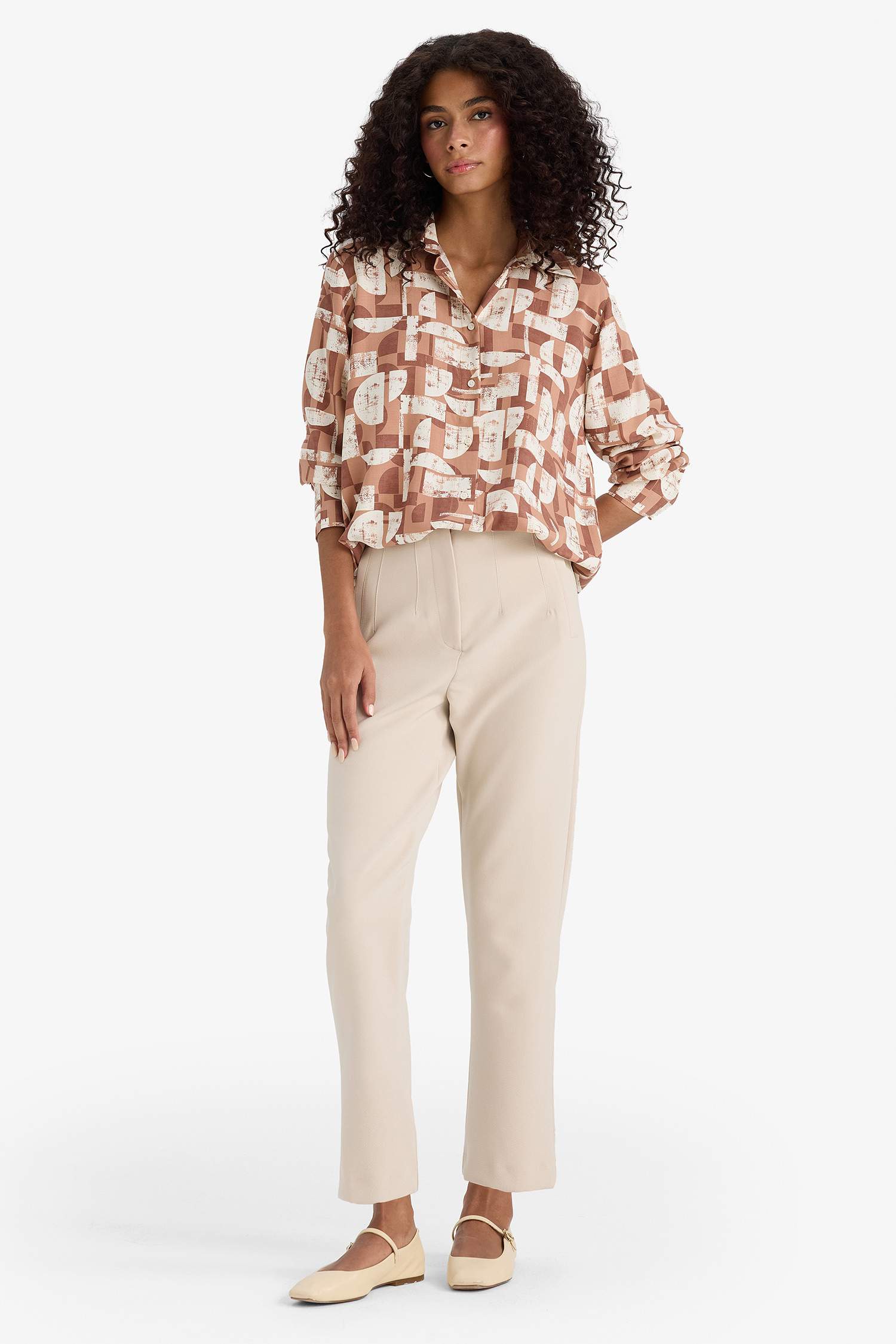 Oversize Fit Shirt Collar Printed Long Sleeve Tunic