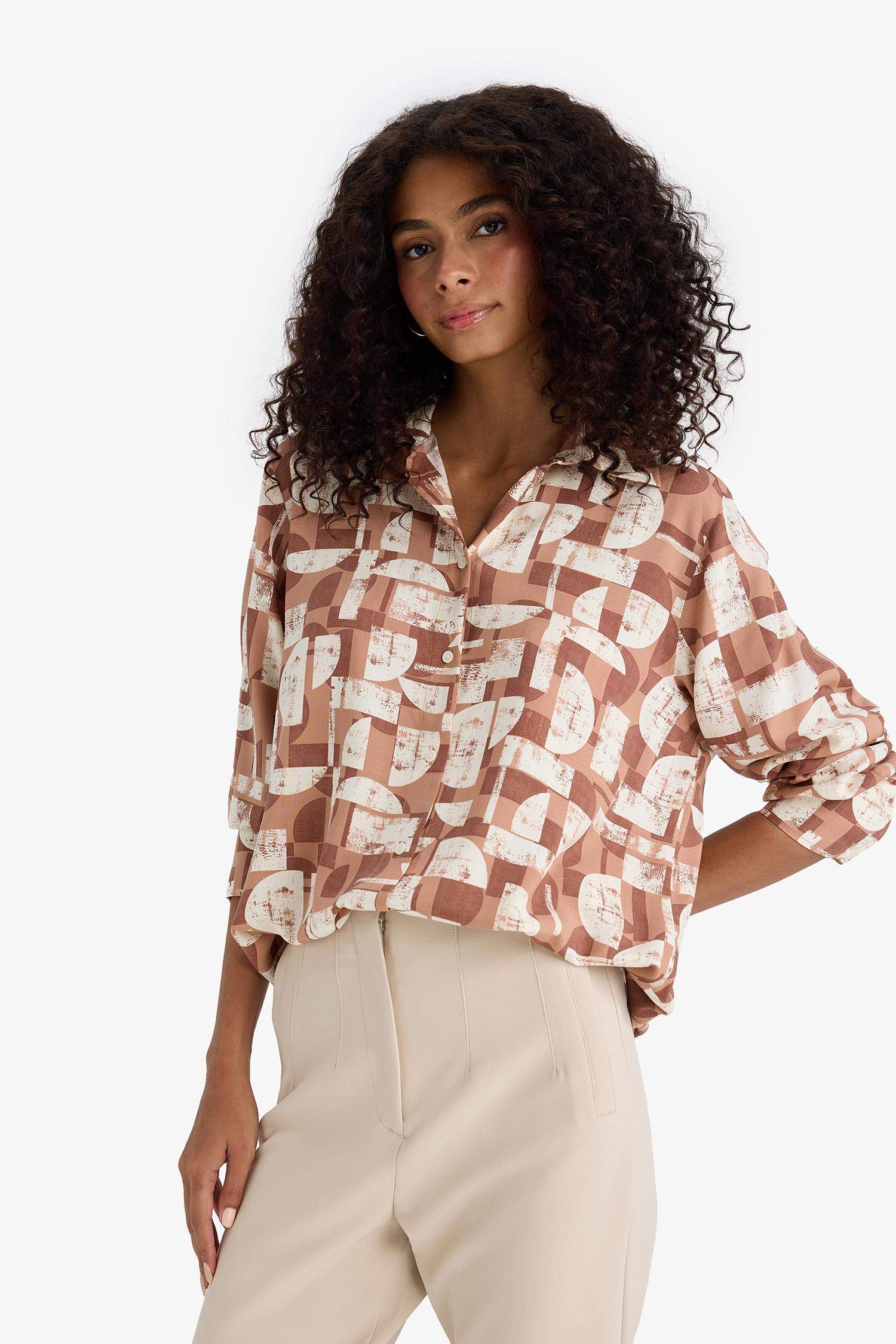 Oversize Fit Shirt Collar Printed Long Sleeve Tunic