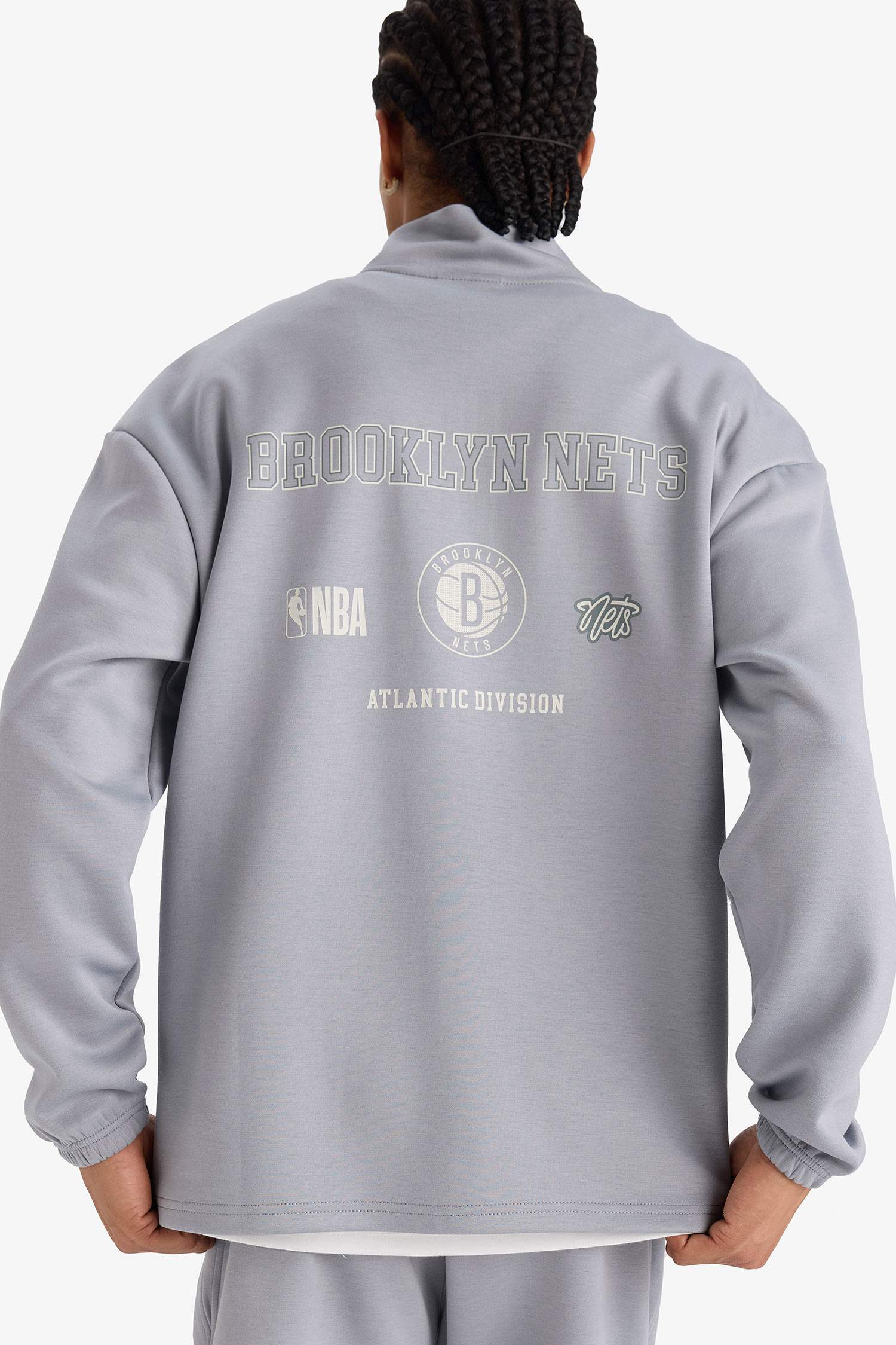 DeFactoFit NBA Brooklyn Nets Boxy Fit Dik Yaka Fermuarlı Sırt Baskılı Skuba Dalgıç Kumaş Sweatshirt