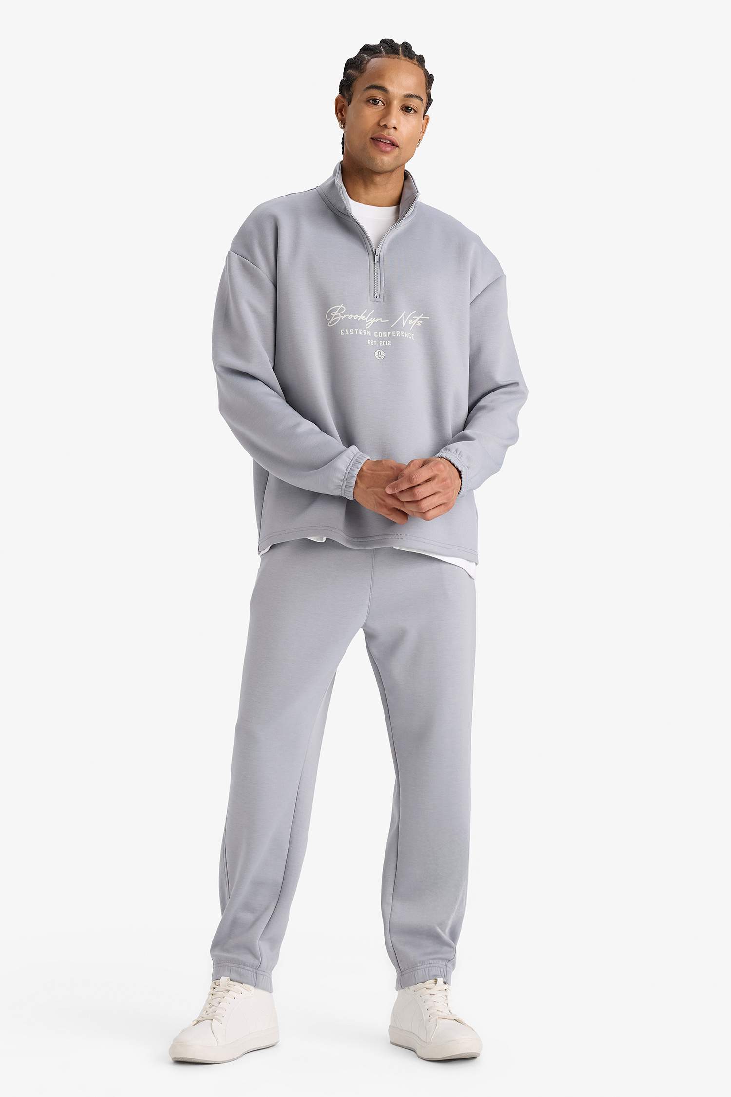 DeFactoFit NBA Brooklyn Nets Boxy Fit Dik Yaka Fermuarlı Sırt Baskılı Skuba Dalgıç Kumaş Sweatshirt