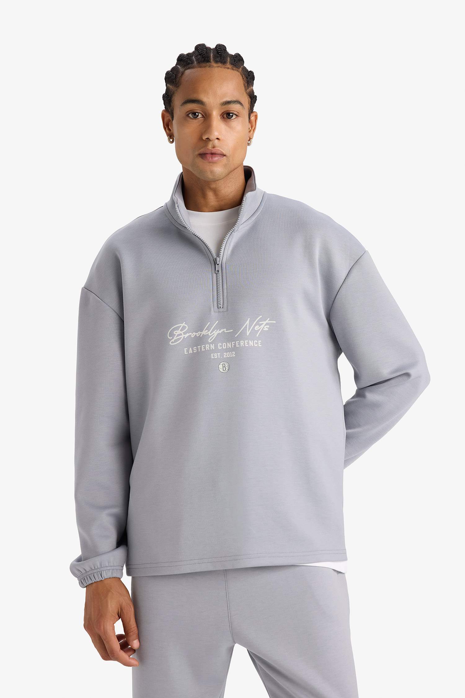 DeFactoFit NBA Brooklyn Nets Boxy Fit Dik Yaka Fermuarlı Sırt Baskılı Skuba Dalgıç Kumaş Sweatshirt