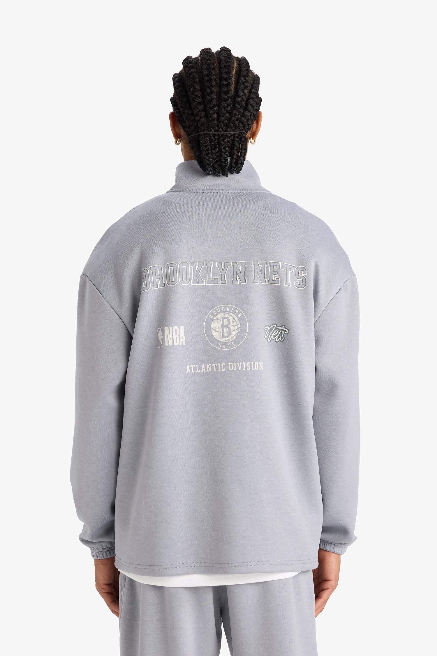 NBA Brooklyn Nets Boxy Fit Dik Yaka Fermuarlı Sırt Baskılı Skuba Dalgıç Kumaş Sweatshirt