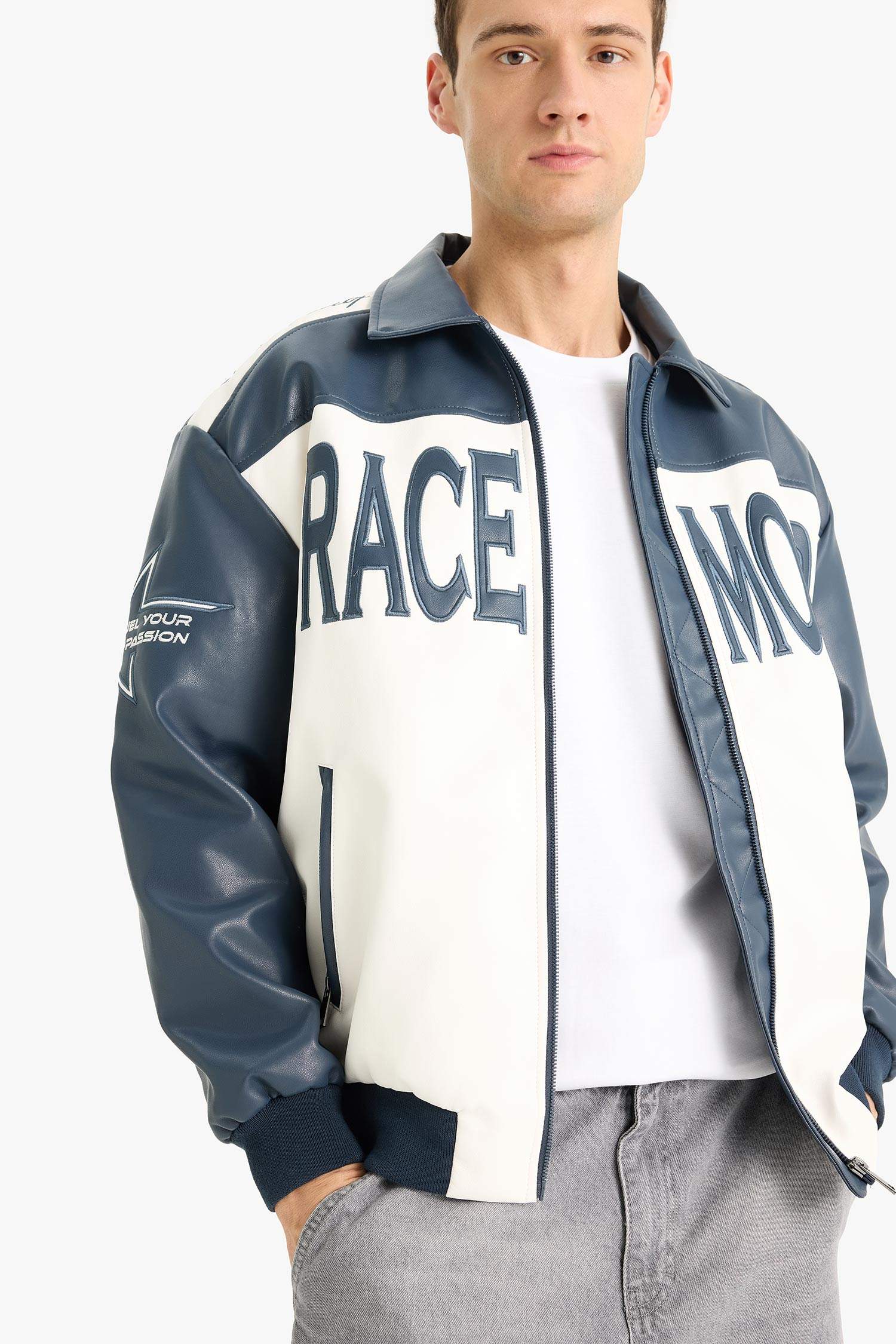 Oversize Geniş Kalıp Gömlek Yaka Fermuarlı Nakış Detaylı İç Cepli Suni Deri Mont