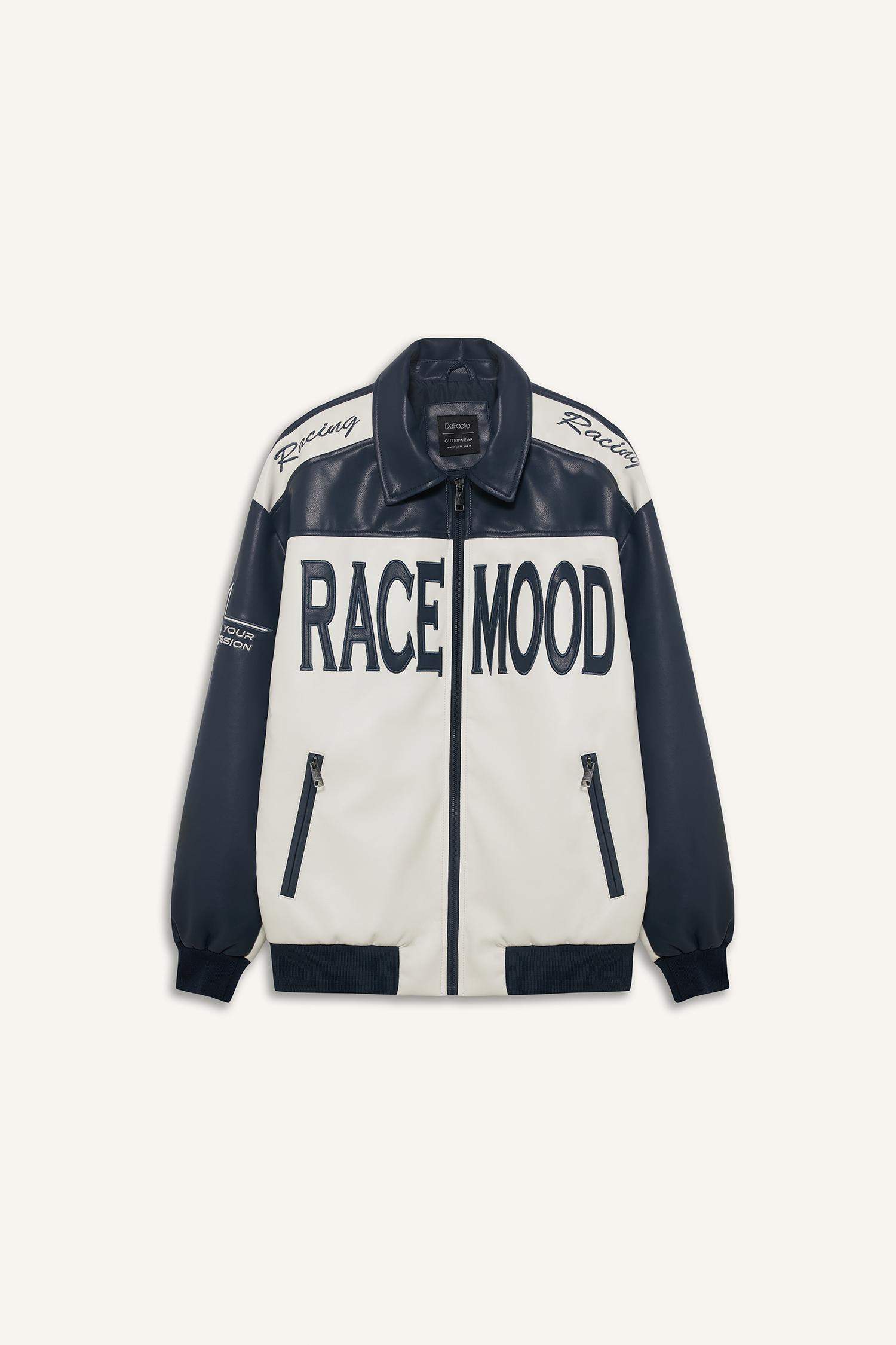 Oversize Geniş Kalıp Gömlek Yaka Fermuarlı Nakış Detaylı İç Cepli Suni Deri Mont