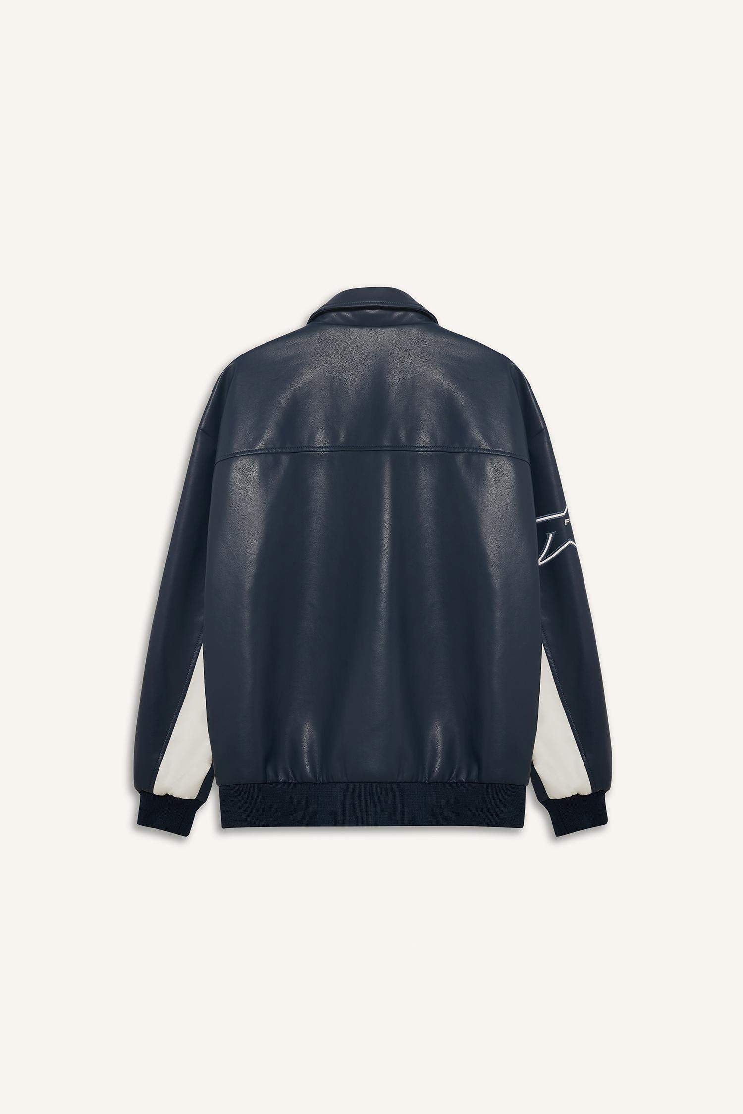 Oversize Geniş Kalıp Gömlek Yaka Fermuarlı Nakış Detaylı İç Cepli Suni Deri Mont