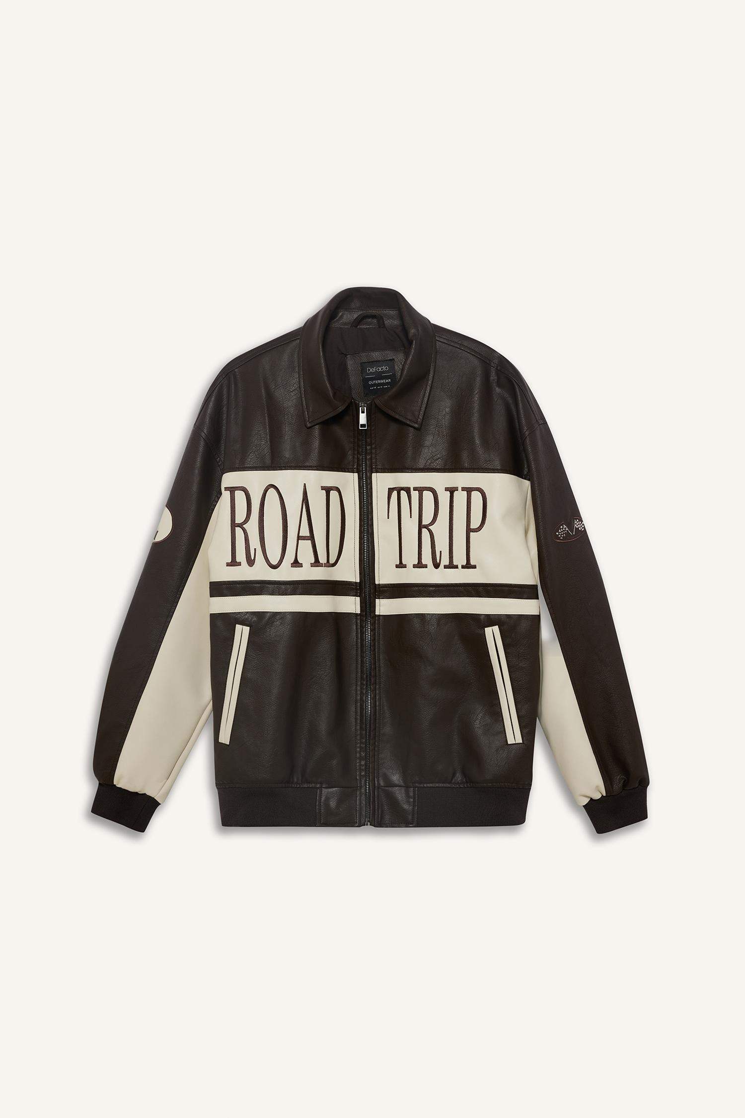 Oversize Geniş Kalıp Gömlek Yaka Fermuarlı Nakış Detaylı İç Cepli Suni Deri Mont