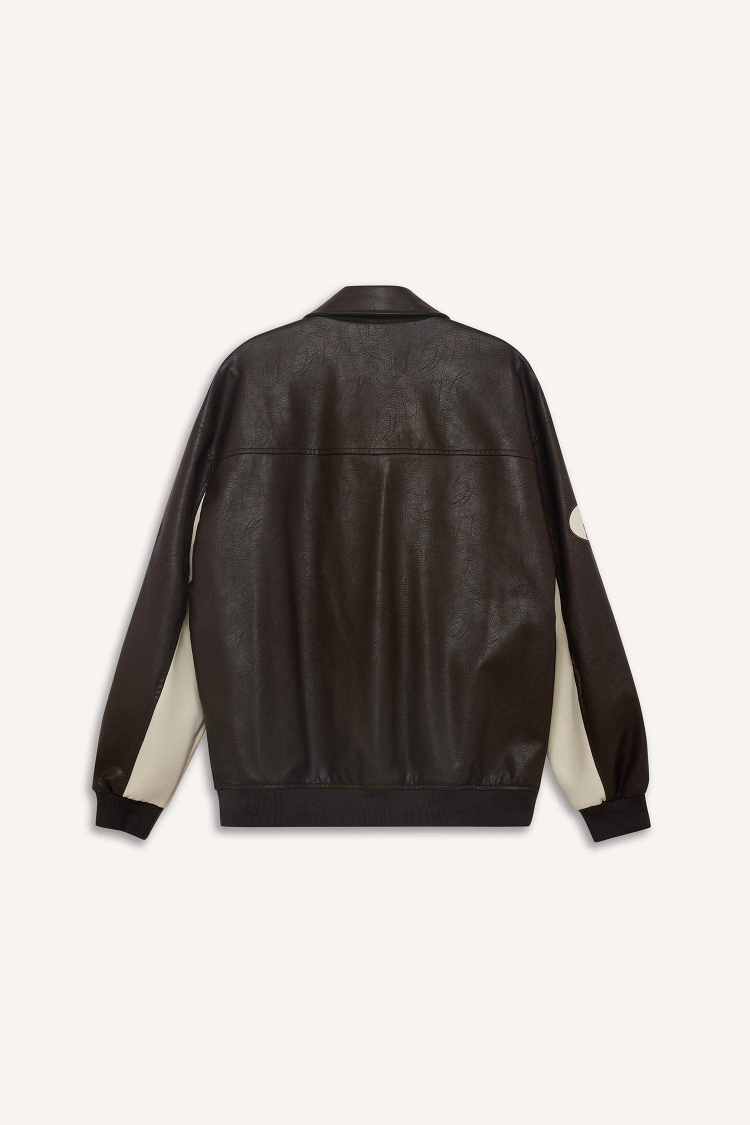 Oversize Geniş Kalıp Gömlek Yaka Fermuarlı Nakış Detaylı İç Cepli Suni Deri Mont