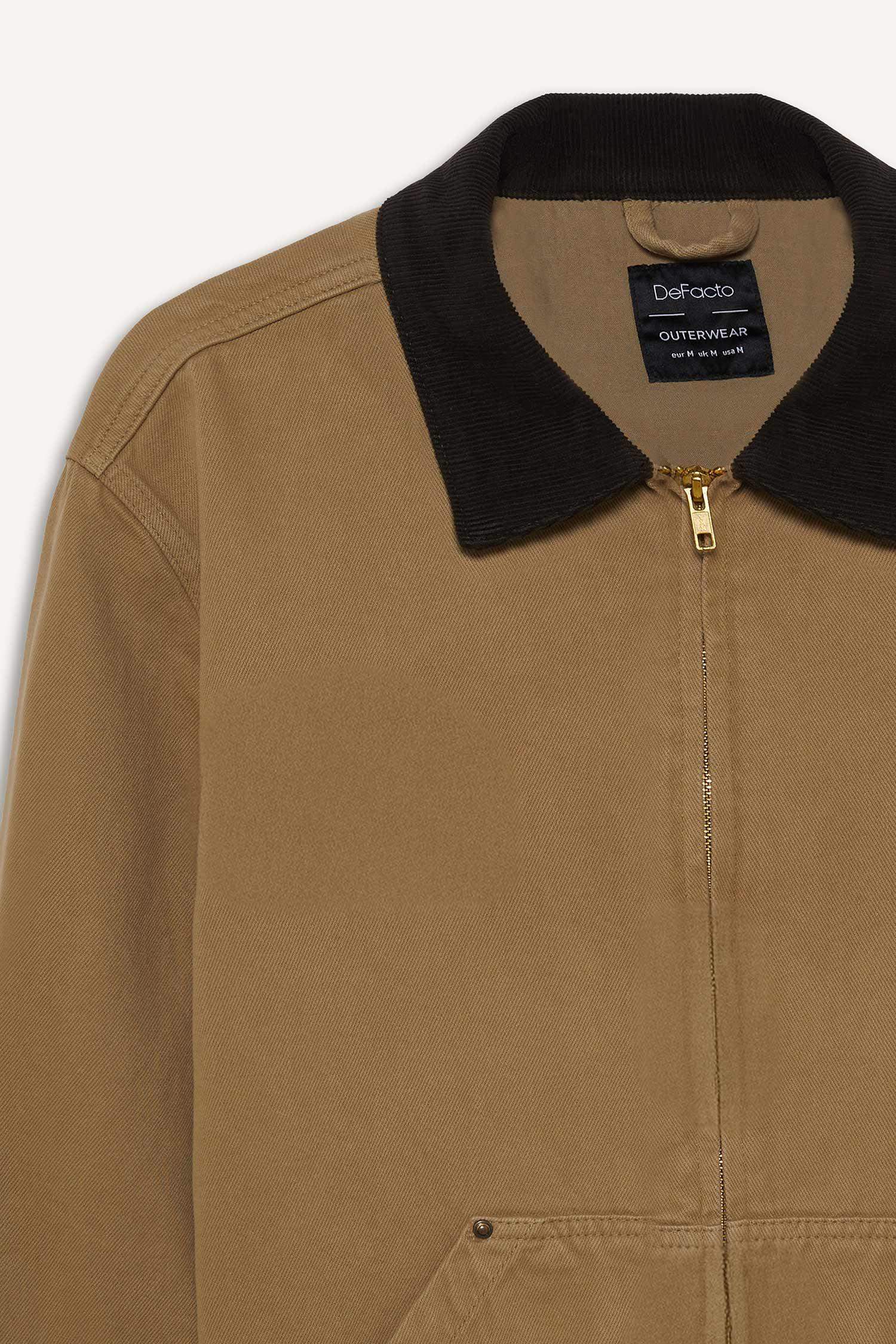 Regular Fit Kontrast Yakalı Pamuk Astarlı Fermuarlı Pamuklu Ceket Mont