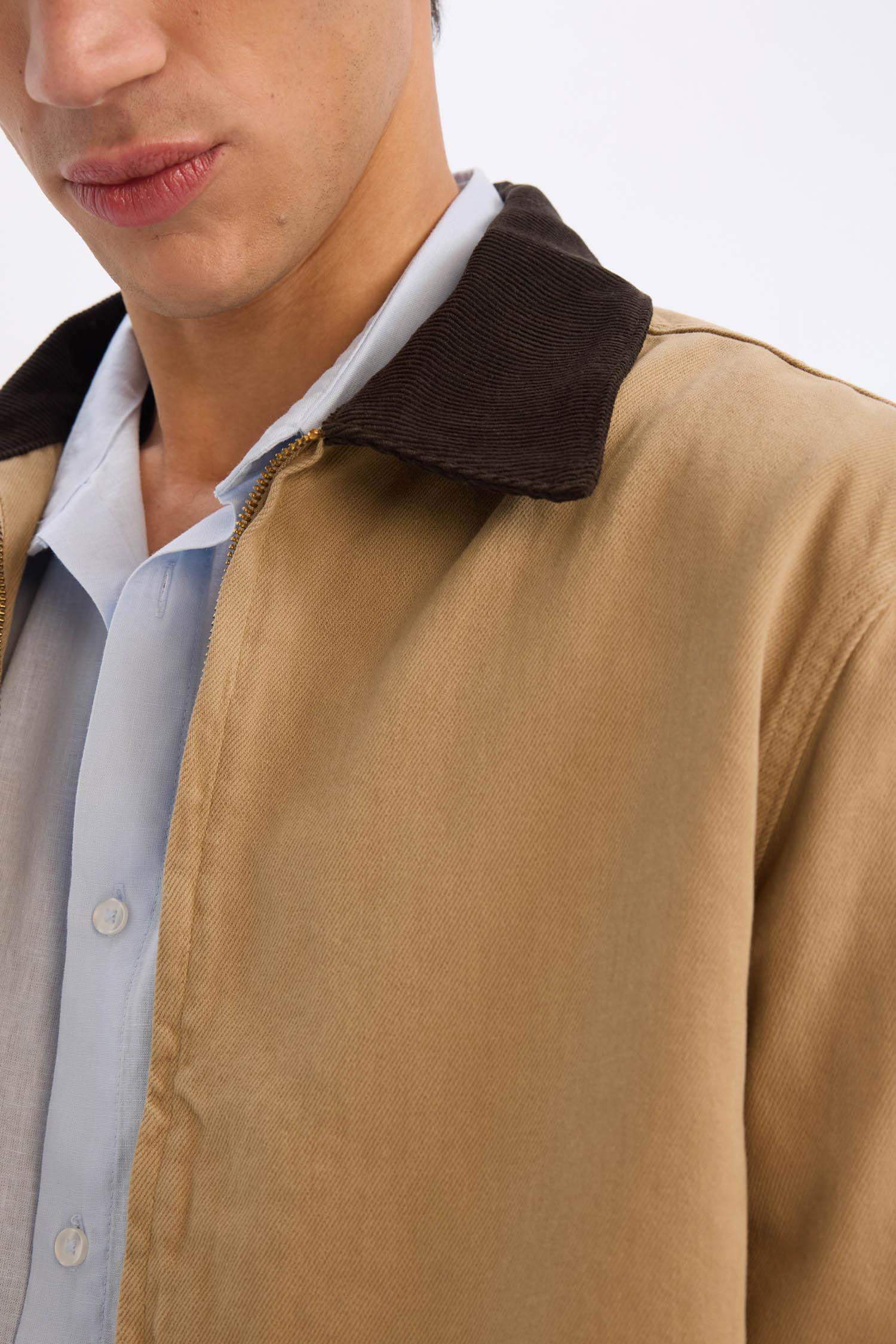 Regular Fit Kontrast Yakalı Pamuk Astarlı Fermuarlı Pamuklu Ceket Mont