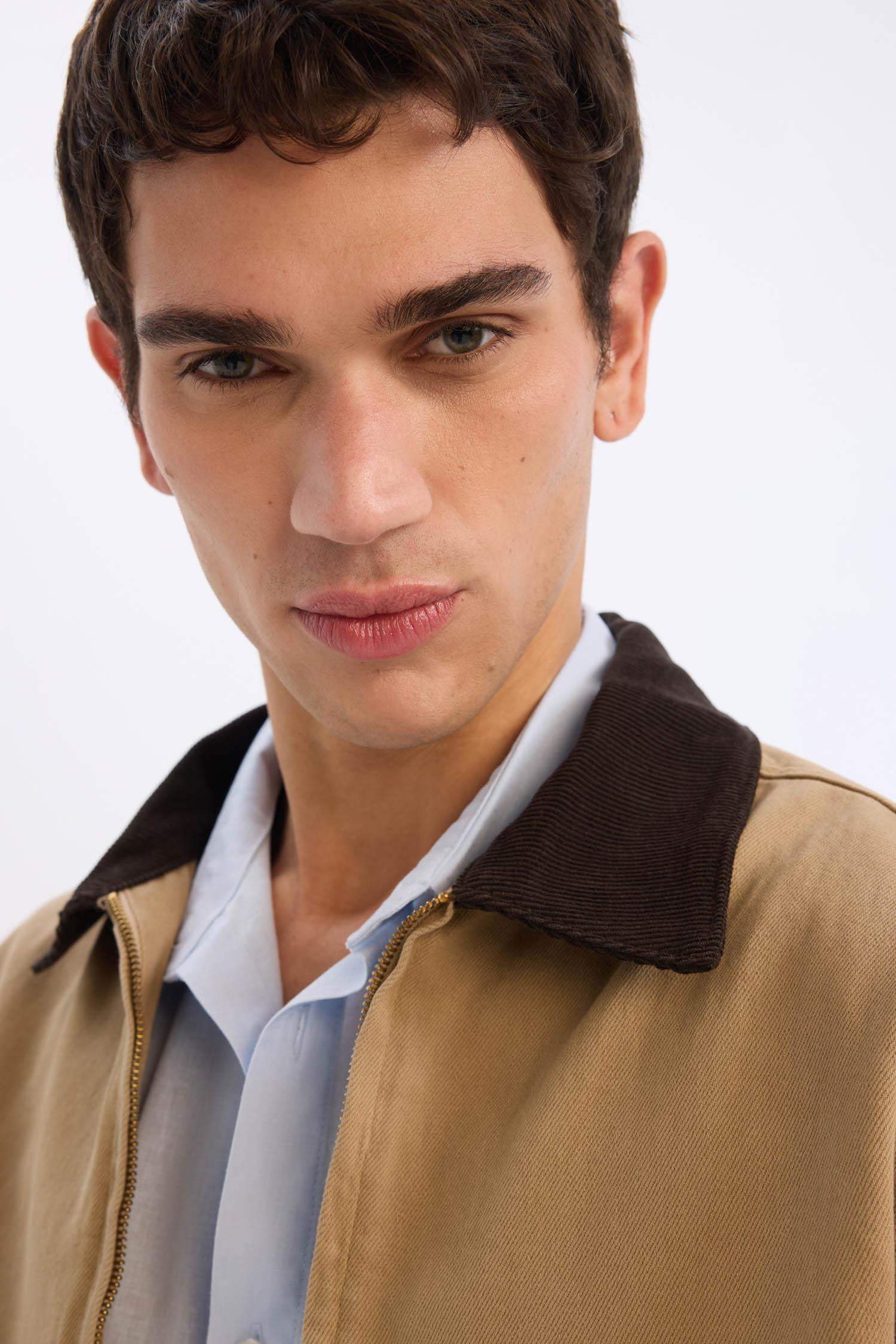 Regular Fit Kontrast Yakalı Pamuk Astarlı Fermuarlı Pamuklu Ceket Mont