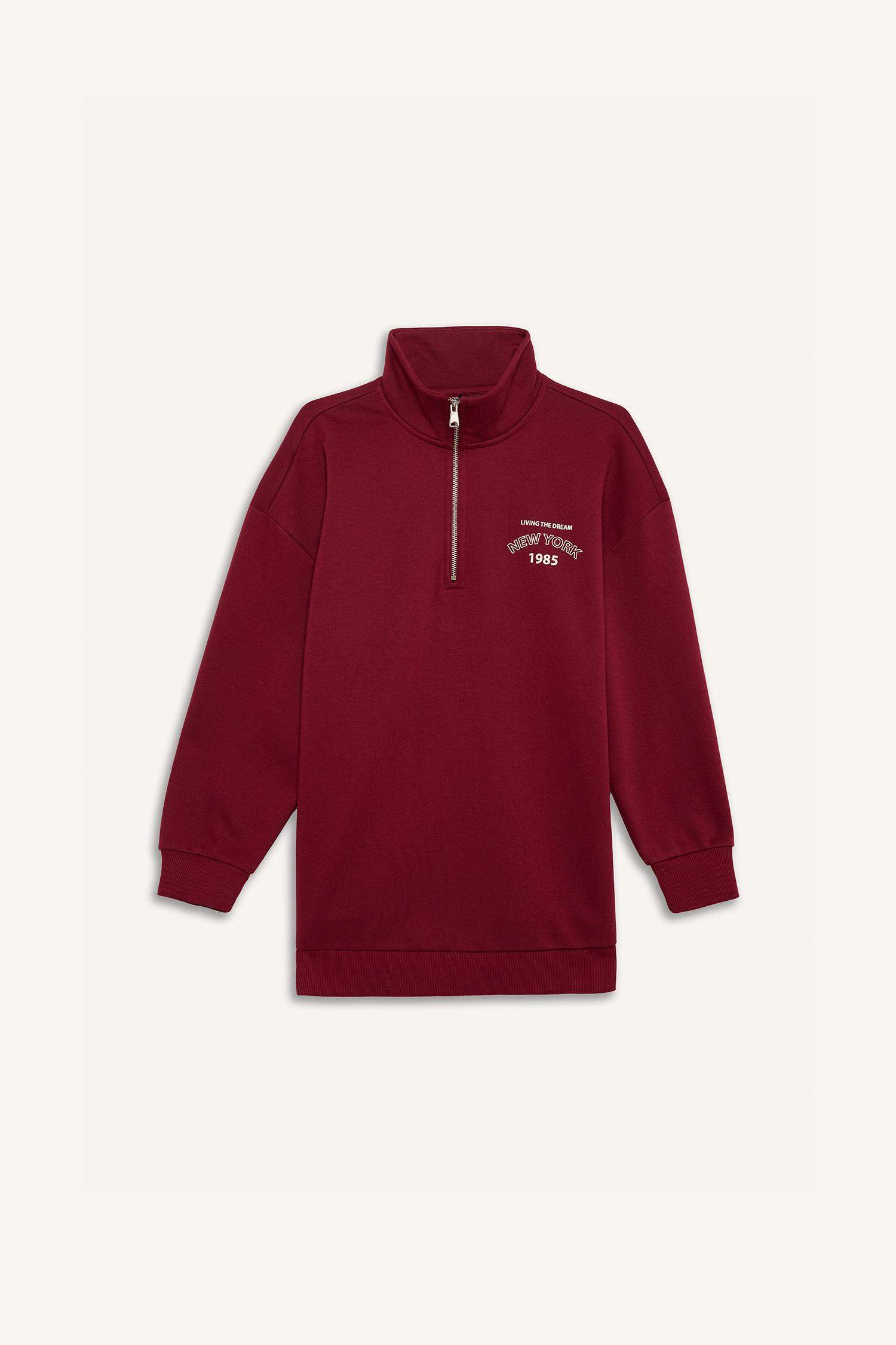 Regular Fit Fermuarlı Dik Yaka Baskı Detaylı İçi Yumuşak Tüylü Kalın Sweatshirt Tunik