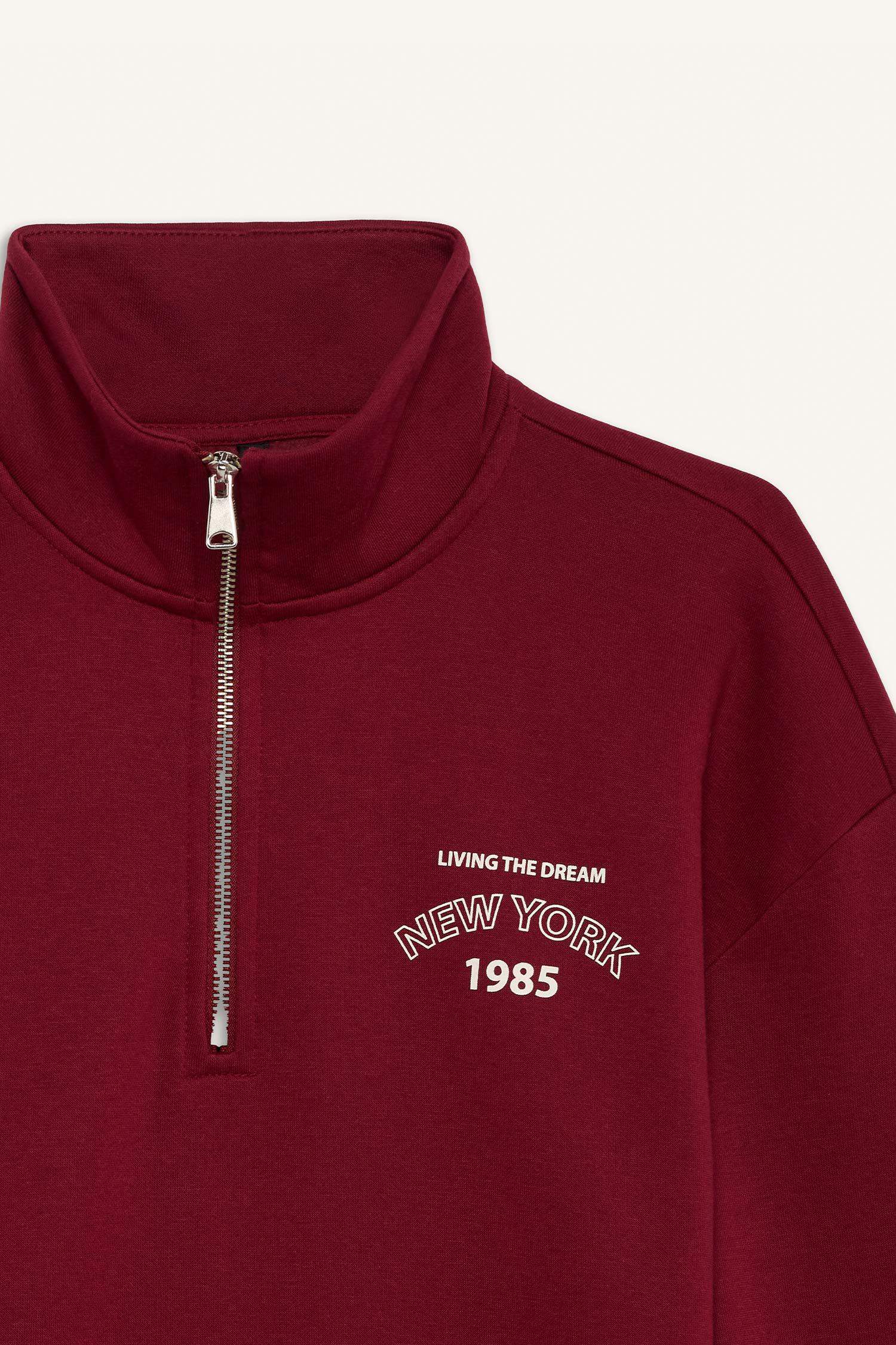 Regular Fit Fermuarlı Dik Yaka Baskı Detaylı İçi Yumuşak Tüylü Kalın Sweatshirt Tunik