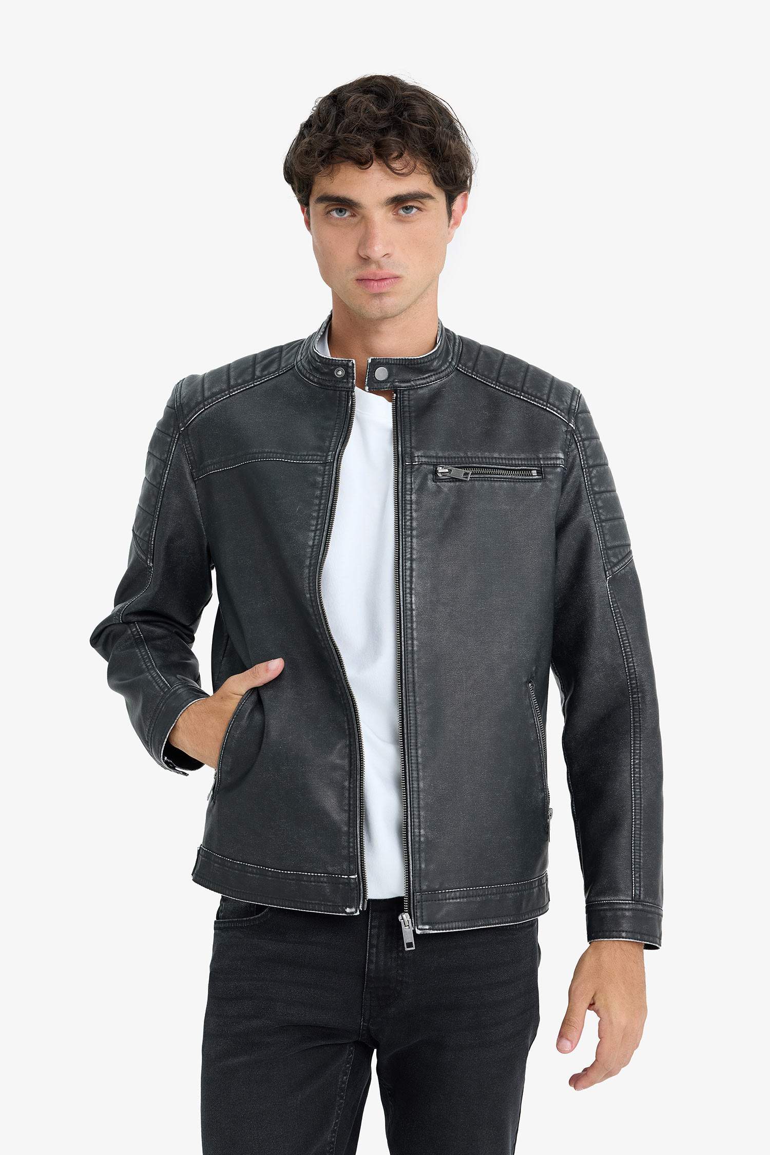 Veste en simili cuir Slim à col montant et fermeture zip