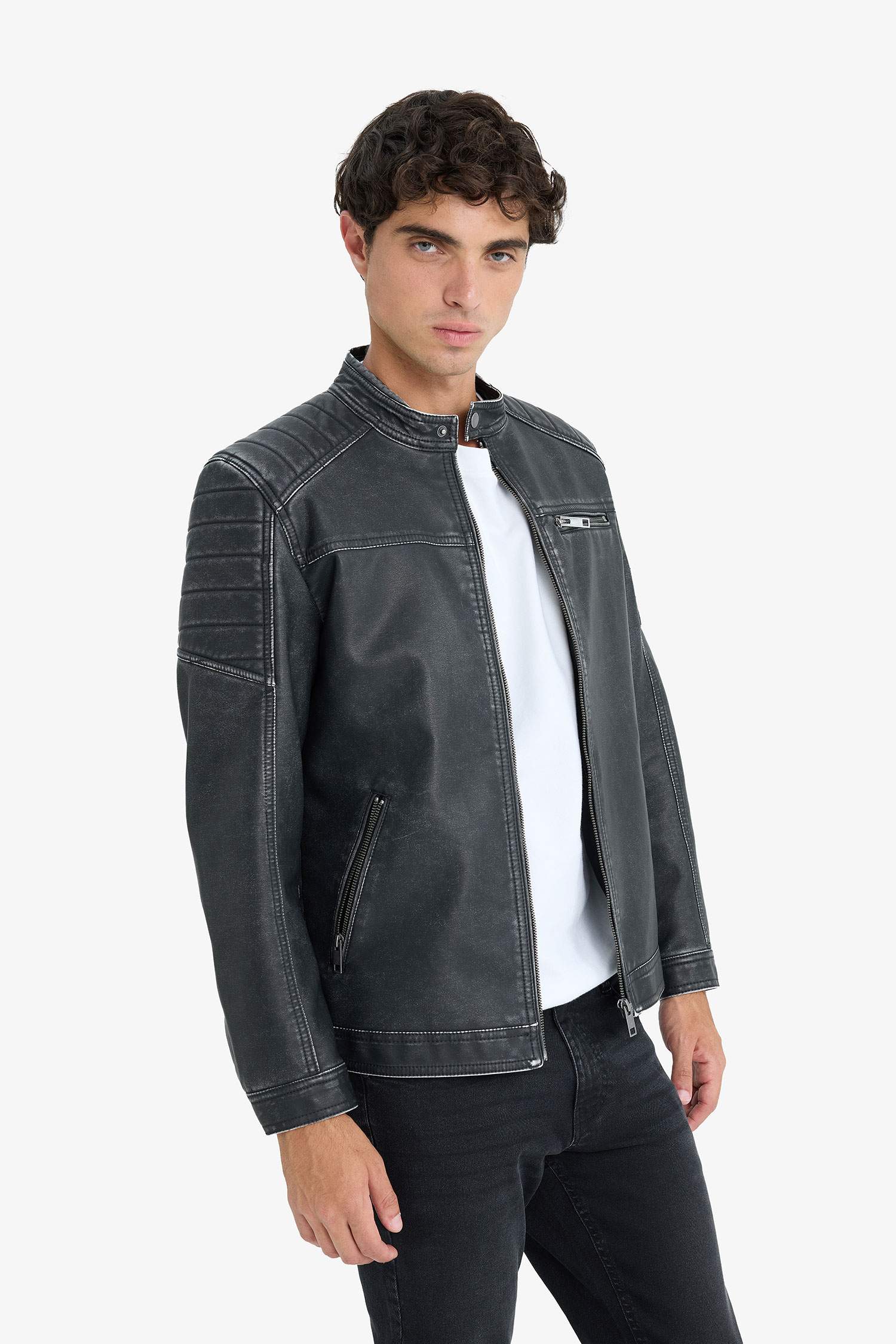 Veste en simili cuir Slim à col montant et fermeture zip
