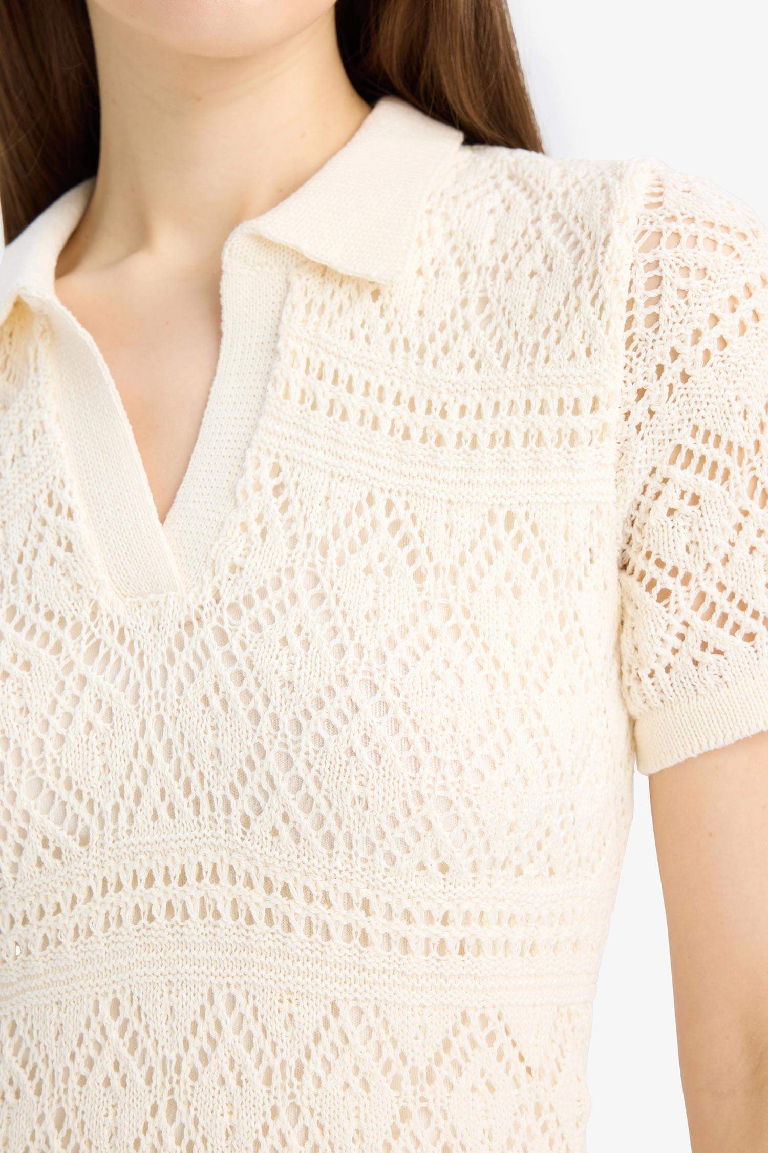 Polo Yaka Kısa Kollu Ajurlu Maxi Elbise