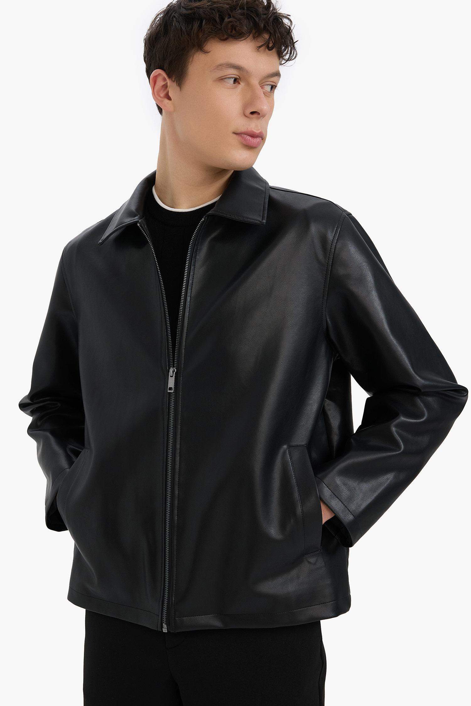 Regular Fit Gömlek Yaka Fermuarlı Cepli İç Cepli Mevsimlik Baharlık Suni Deri Ceket Mont