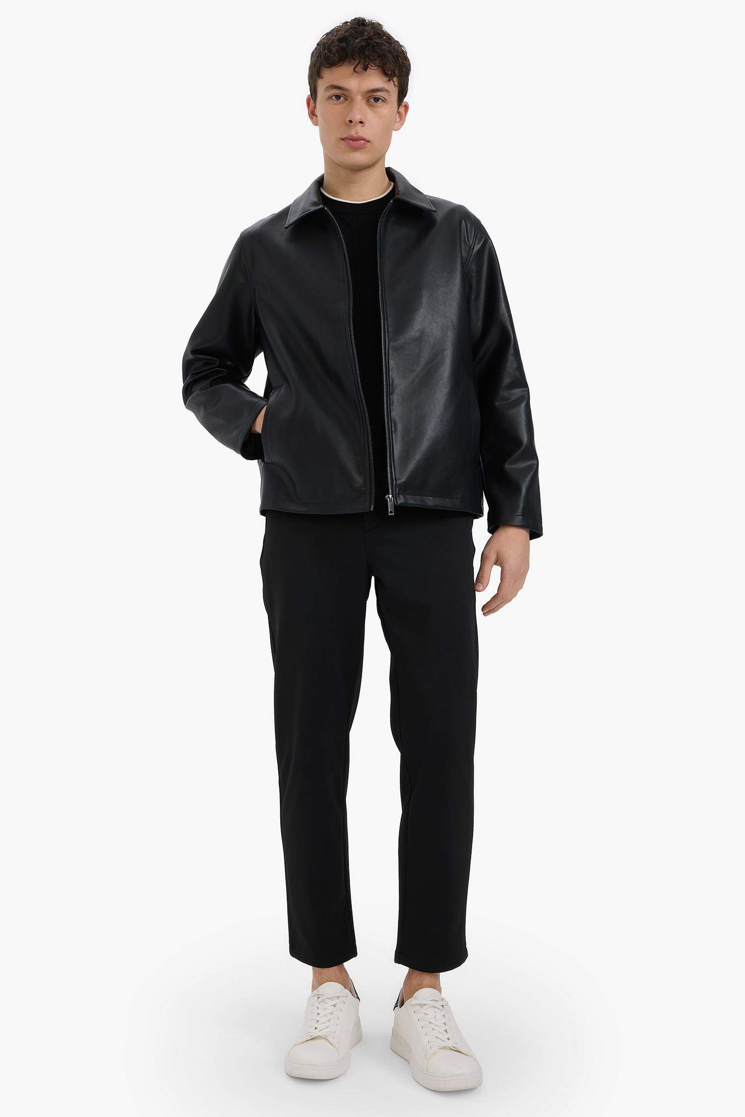 Regular Fit Gömlek Yaka Fermuarlı Cepli İç Cepli Mevsimlik Baharlık Suni Deri Ceket Mont