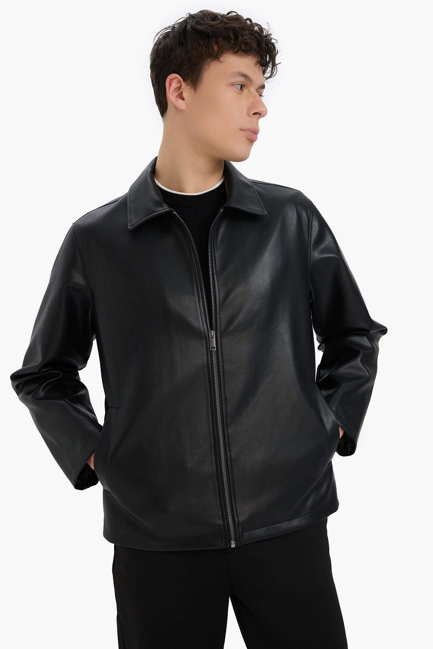 Regular Fit Gömlek Yaka Fermuarlı Cepli İç Cepli Mevsimlik Baharlık Suni Deri Ceket Mont