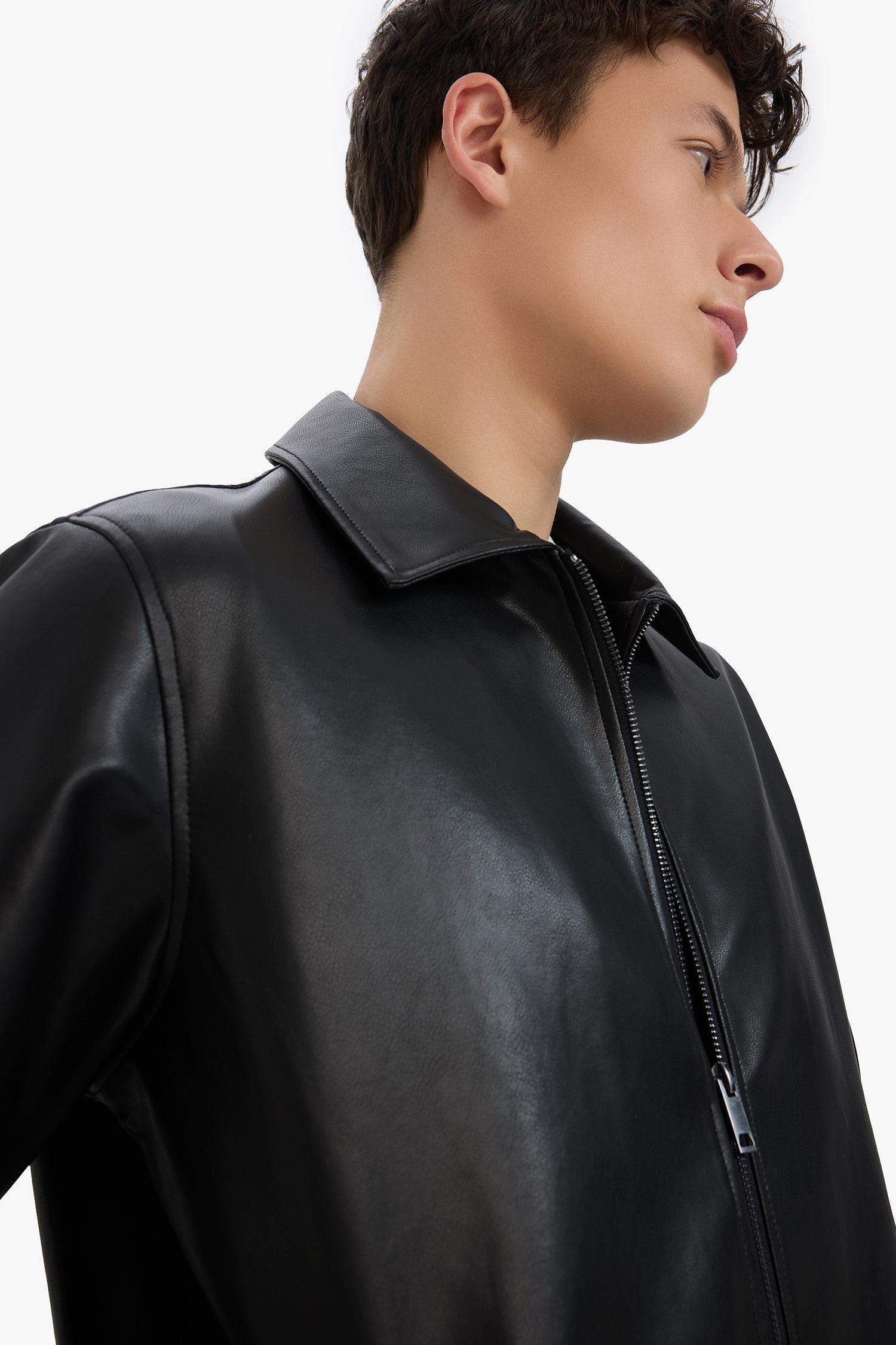 Regular Fit Gömlek Yaka Fermuarlı Cepli İç Cepli Mevsimlik Baharlık Suni Deri Ceket Mont