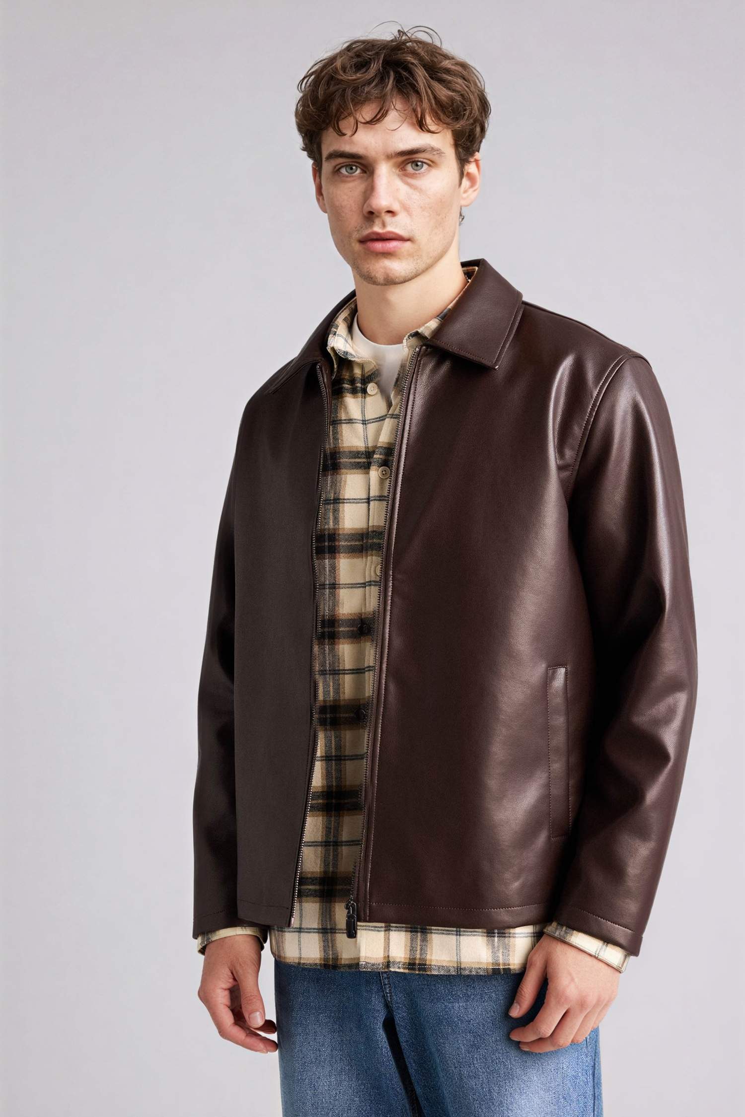 Brown MAN Zipper Faux Leather Jacket 3320476 | DeFacto