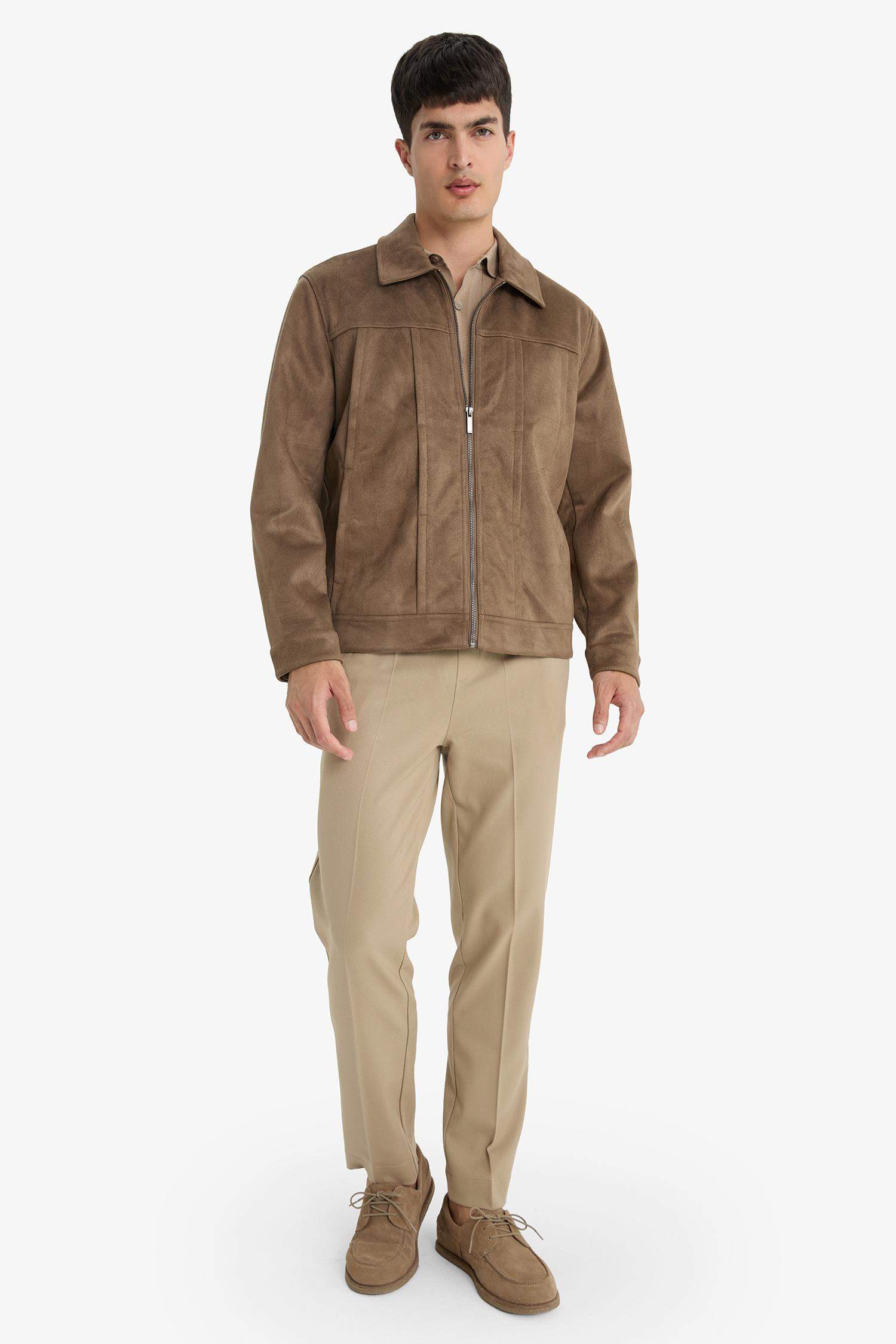 Regular Fit Gömlek Yaka Fermuarlı İç Cepli Süet Mont