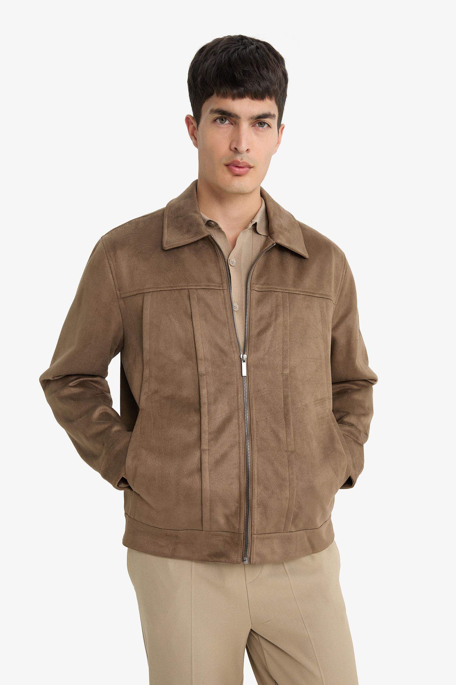 Regular Fit Gömlek Yaka Fermuarlı İç Cepli Süet Mont