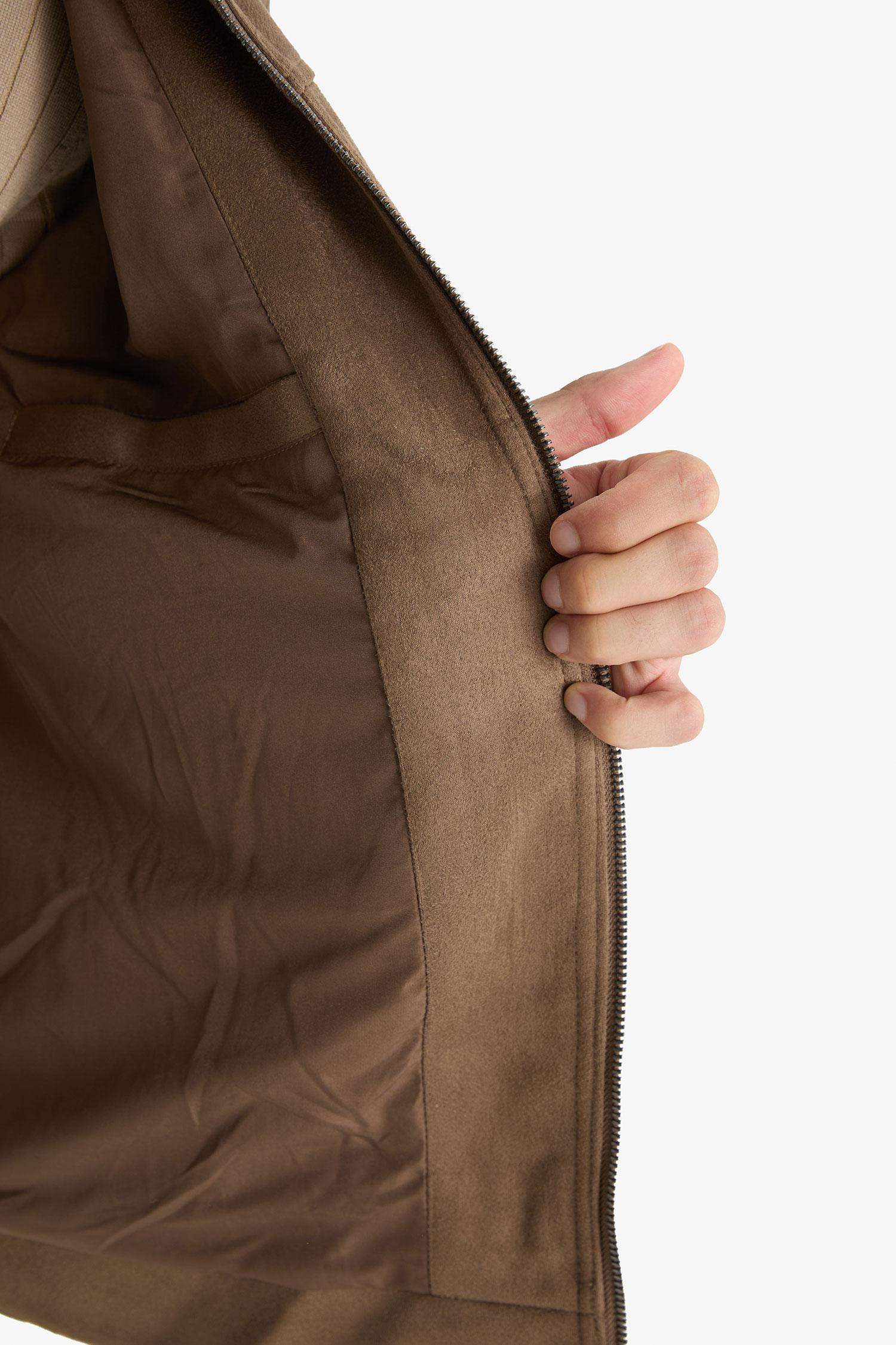 Regular Fit Gömlek Yaka Fermuarlı İç Cepli Süet Mont