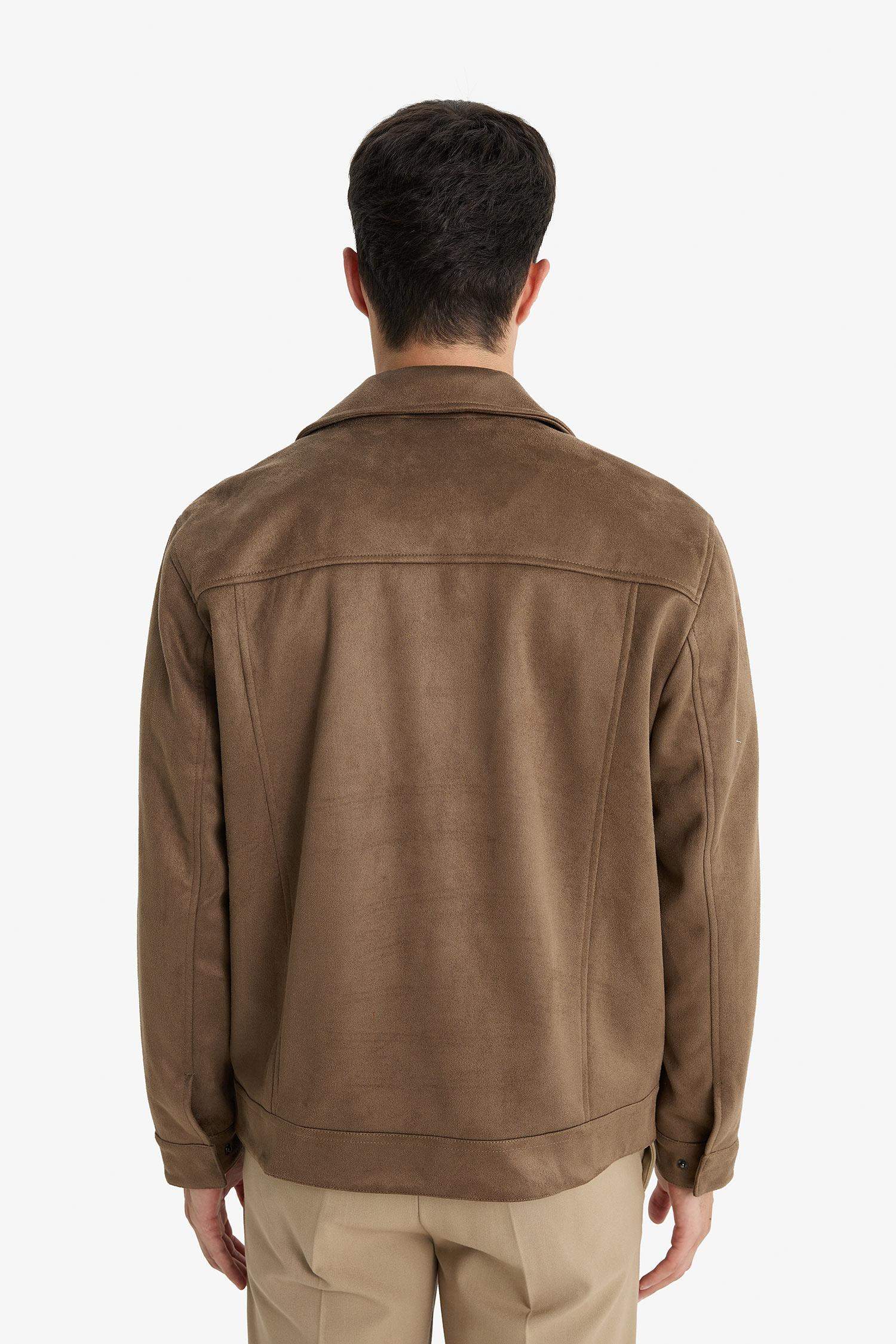 Regular Fit Gömlek Yaka Fermuarlı İç Cepli Süet Mont