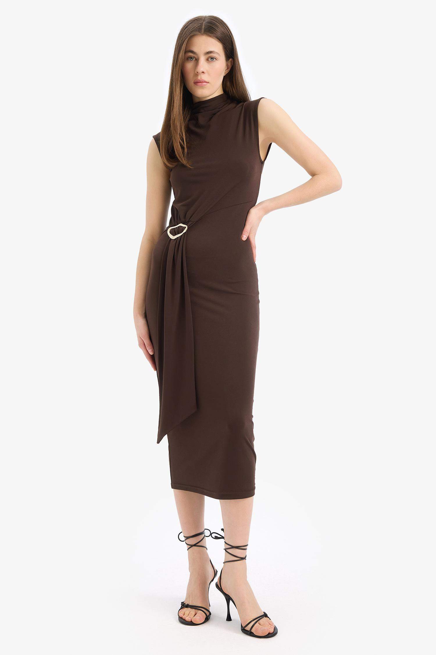 Bodycon Body-hugging Turtleneck Basic Sleeveless Midi Dress