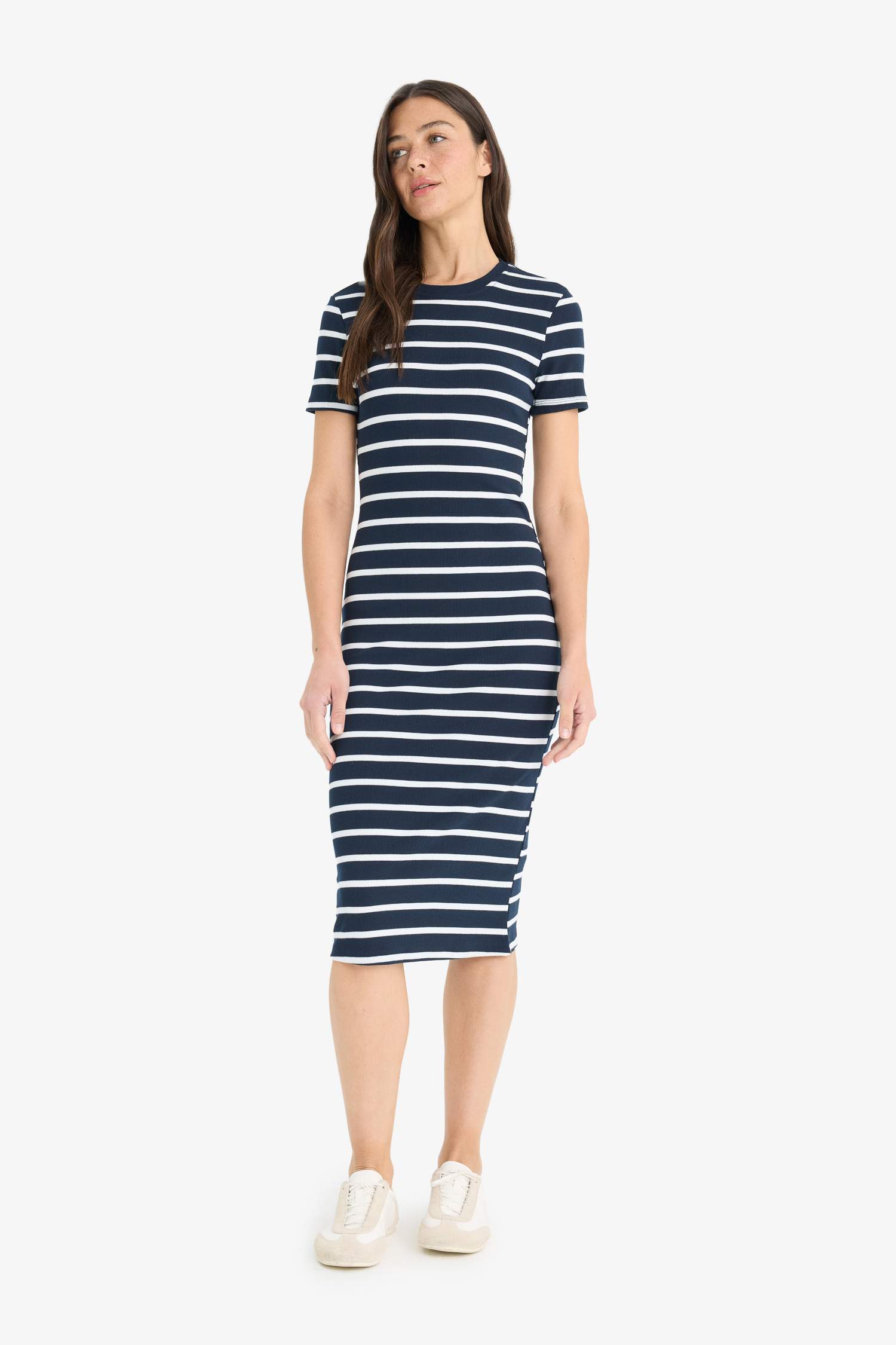 Bodycon Crew Neck Striped Camisole Midi Dress