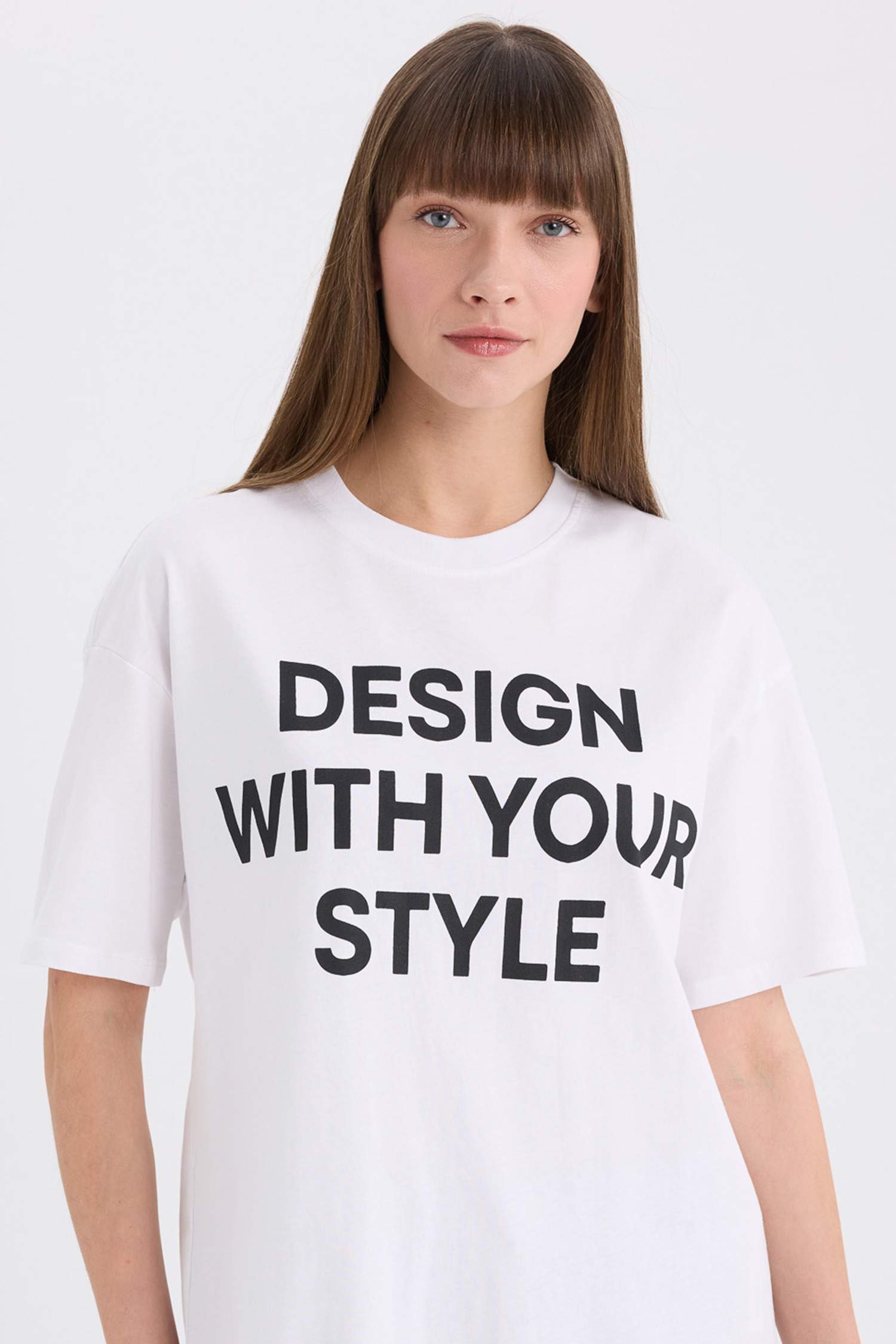 Oversize Geniş Kalıp Bisiklet Yaka Baskılı Casual Kısa Kollu Tişört