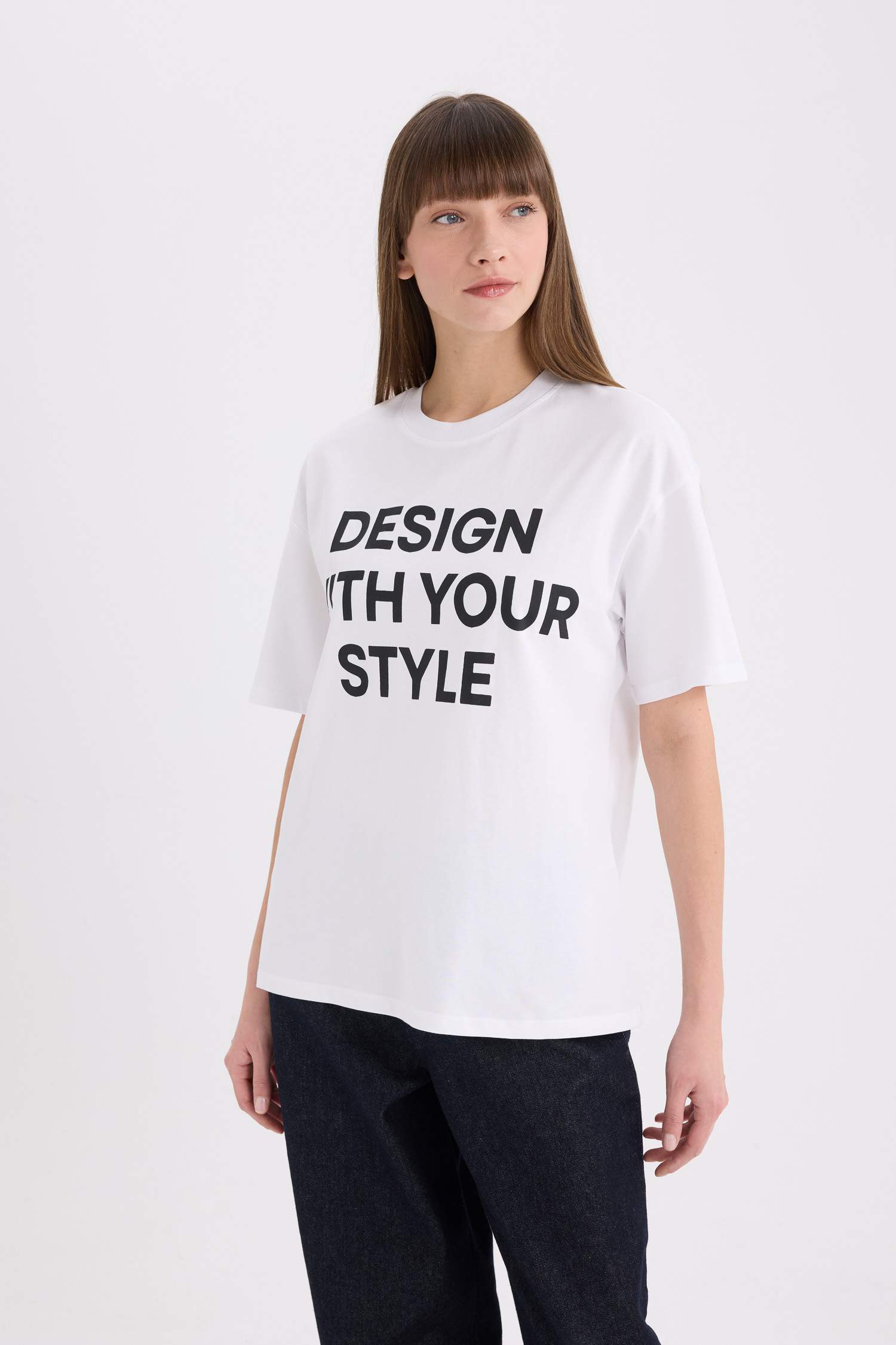 Oversize Geniş Kalıp Bisiklet Yaka Baskılı Casual Kısa Kollu Tişört